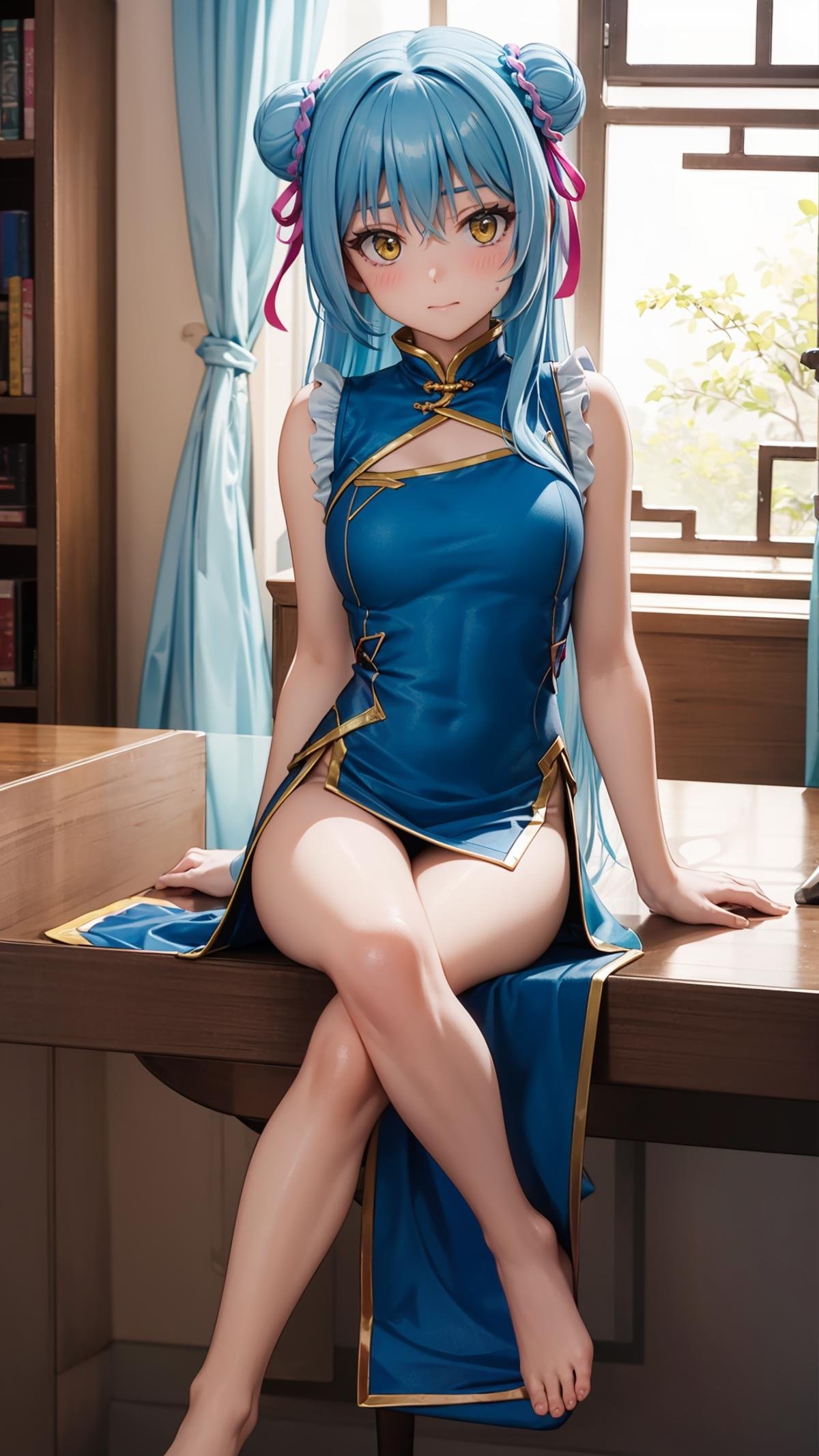 (masterpiece, best quality),ray tracing,absurdres,HDR,1girl,long hair,light blue hair, rimuru tempest, yellow eyes,large breasts, china dress, ribbon, sleeveless, closed mouth, hair between eyes, double bun, chinese clothes, dress, sleeveless dress, blue dress, bangs, , hair bun, shiny hair, hair ribbon, blush, shiny, floating hair, pink ribbon, looking at viewer, sitting, sweatdrop, , short dress, straight hair,  very long hair, purple ribbon, solo, , ,bare legs,barefoot, <lora:rimuru hagun:0.7>