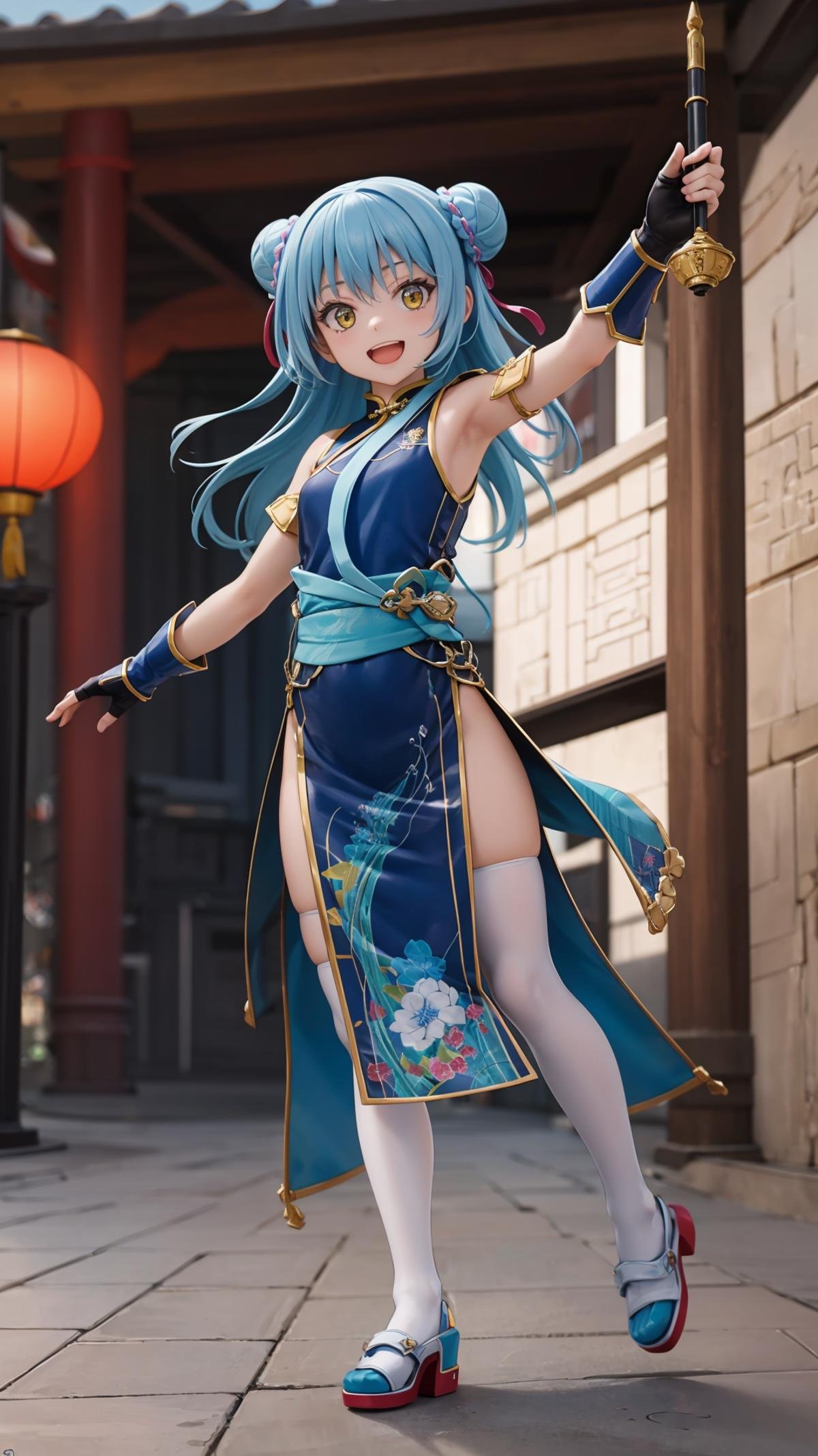 (masterpiece, best quality),ray tracing,absurdres, HDR,1girl,rimuru tempest, hagun, long hair, blue hair, solo, yellow eyes, gloves,  thighhighs, open mouth, large  breats  , smile, fingerless gloves, hair bun, chinese clothes, full body, double bun, standing, dress,, looking at viewer, china dress, :d,  <lora:rimuru hagun:0.7>