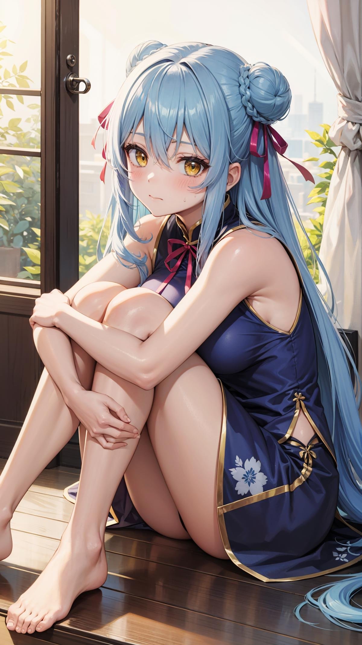 (masterpiece, best quality),ray tracing,absurdres,HDR,1girl,long hair,light blue hair, rimuru tempest, yellow eyes,large breasts, china dress, ribbon, sleeveless, closed mouth, hair between eyes, double bun, chinese clothes, dress, sleeveless dress, blue dress, bangs, , hair bun, shiny hair, hair ribbon, blush, shiny, floating hair, pink ribbon, looking at viewer, sitting, sweatdrop, , short dress, straight hair,  very long hair, purple ribbon, solo, , , ,hugging own legs, barefoot<lora:rimuru hagun:0.7> <lora:hugging_own_legs_v0.3:0.8>