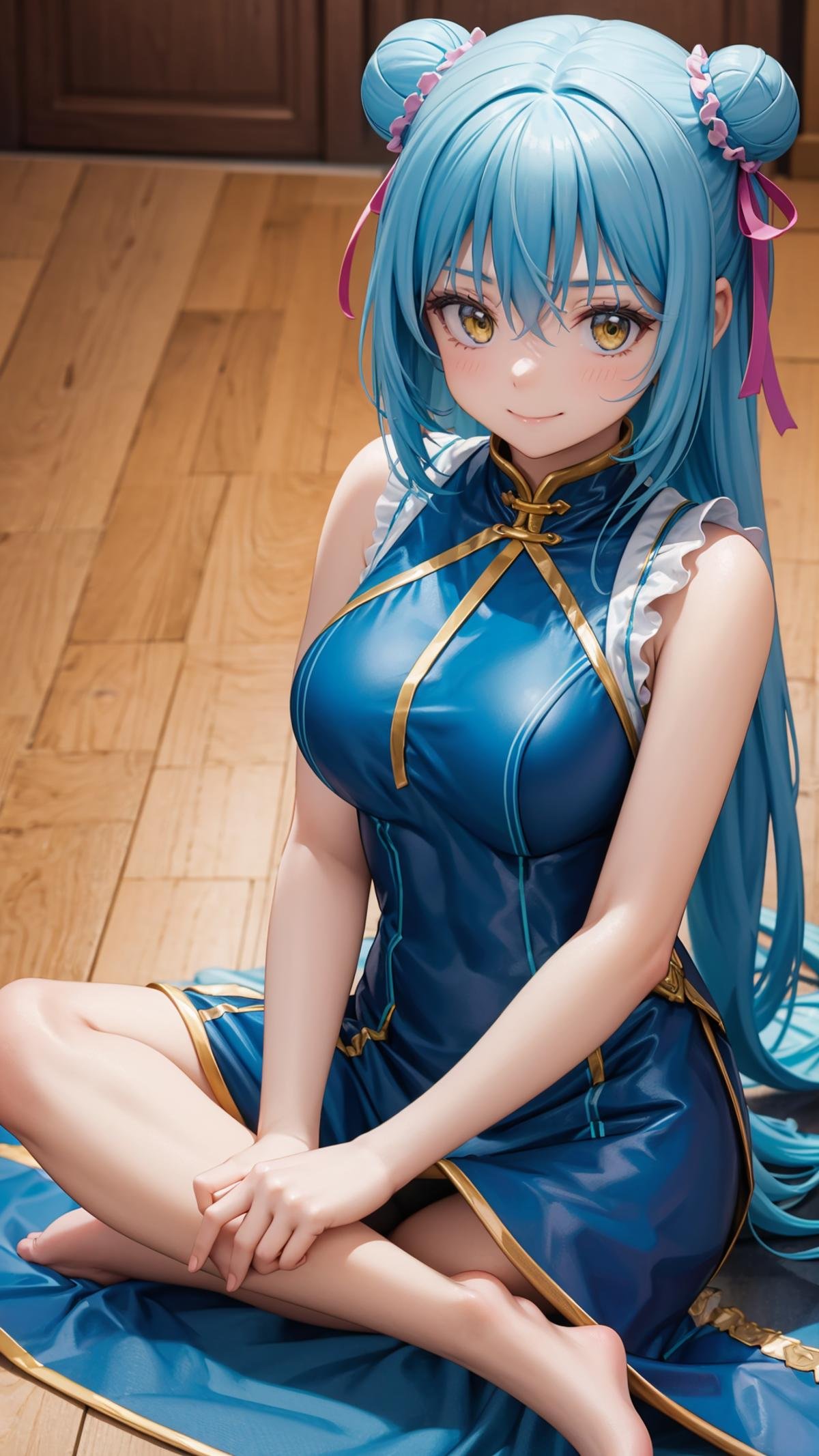 (masterpiece, best quality),ray tracing,absurdres,HDR,1girl,long hair,light blue hair, rimuru tempest, yellow eyes,large breasts, china dress, ribbon, sleeveless, closed mouth, hair between eyes, double bun, chinese clothes, dress, sleeveless dress, blue dress, bangs, , hair bun, shiny hair, hair ribbon, blush, shiny, floating hair, pink ribbon, looking at viewer, sitting, sweatdrop, , short dress, straight hair, very long hair, purple ribbon, solo, , legs, ,barefoot, smile, , ,indian style,<lora:rimuru hagun:0.7>