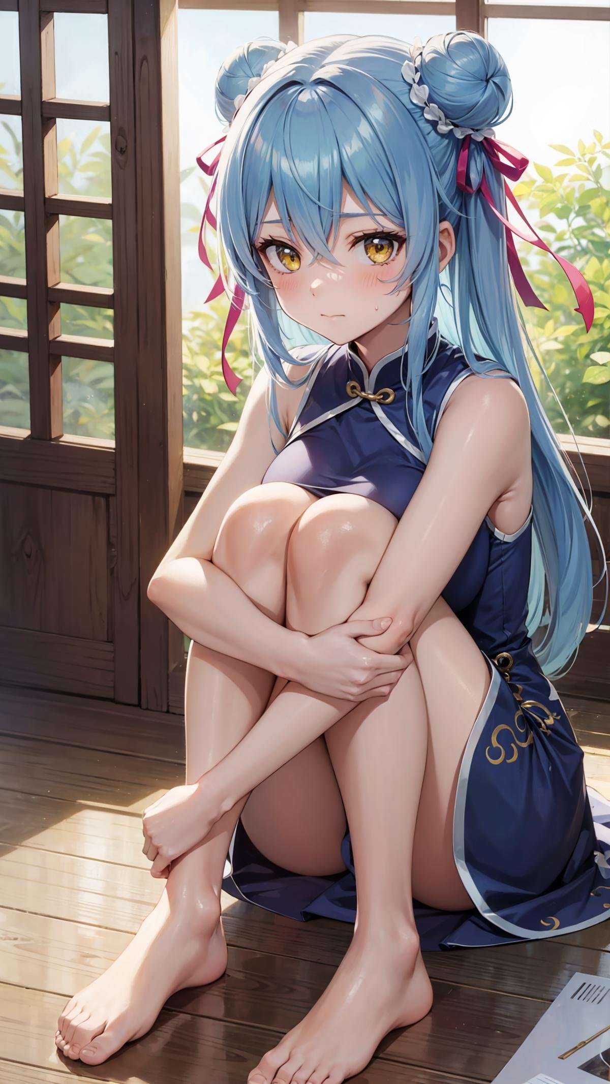 (masterpiece, best quality),ray tracing,absurdres,HDR,1girl,long hair,light blue hair, rimuru tempest, yellow eyes,large breasts, china dress, ribbon, sleeveless, closed mouth, hair between eyes, double bun, chinese clothes, dress, sleeveless dress, blue dress, bangs, , hair bun, shiny hair, hair ribbon, blush, shiny, floating hair, pink ribbon, looking at viewer, sitting, sweatdrop, , short dress, straight hair,  very long hair, purple ribbon, solo, , , ,hugging own legs, barefoot<lora:rimuru hagun:0.7> <lora:hugging_own_legs_v0.3:0.7>