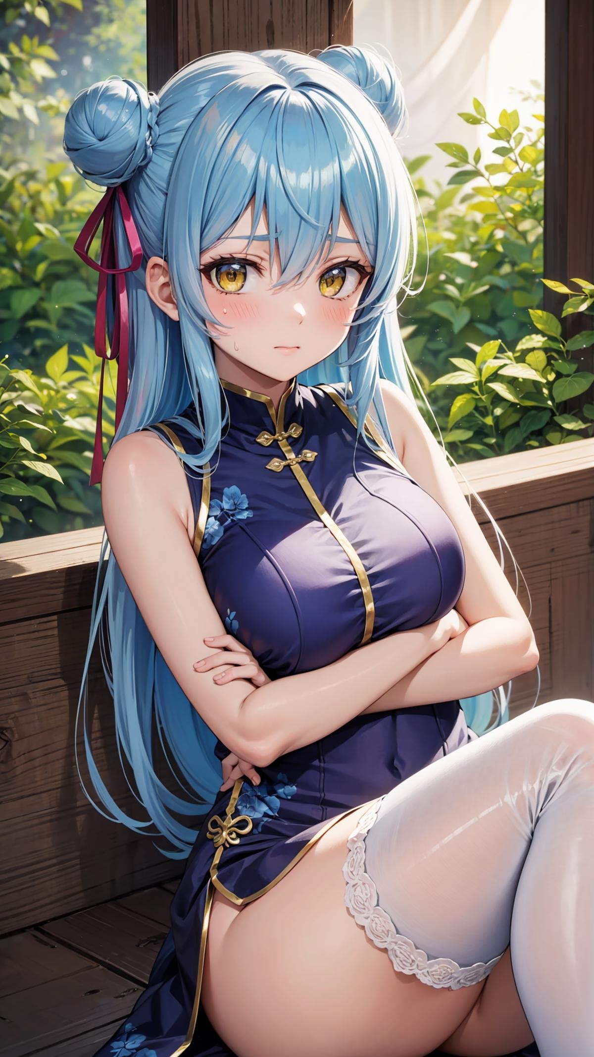 (masterpiece, best quality),ray tracing,absurdres,HDR,1girl,long hair,light blue hair, rimuru tempest, yellow eyes,breasts, china dress, ribbon, sleeveless, closed mouth, hair between eyes, double bun, chinese clothes, dress, sleeveless dress, blue dress, bangs, , hair bun, shiny hair, hair ribbon, blush, shiny, floating hair, pink ribbon, looking at viewer, sitting, sweatdrop, , short dress, straight hair,  very long hair, purple ribbon, solo, , , ,hugging own legs, thighhighs,black shorts,<lora:rimuru hagun_v5:0.7><lora:hugging_own_legs_v0.3:0.7> 