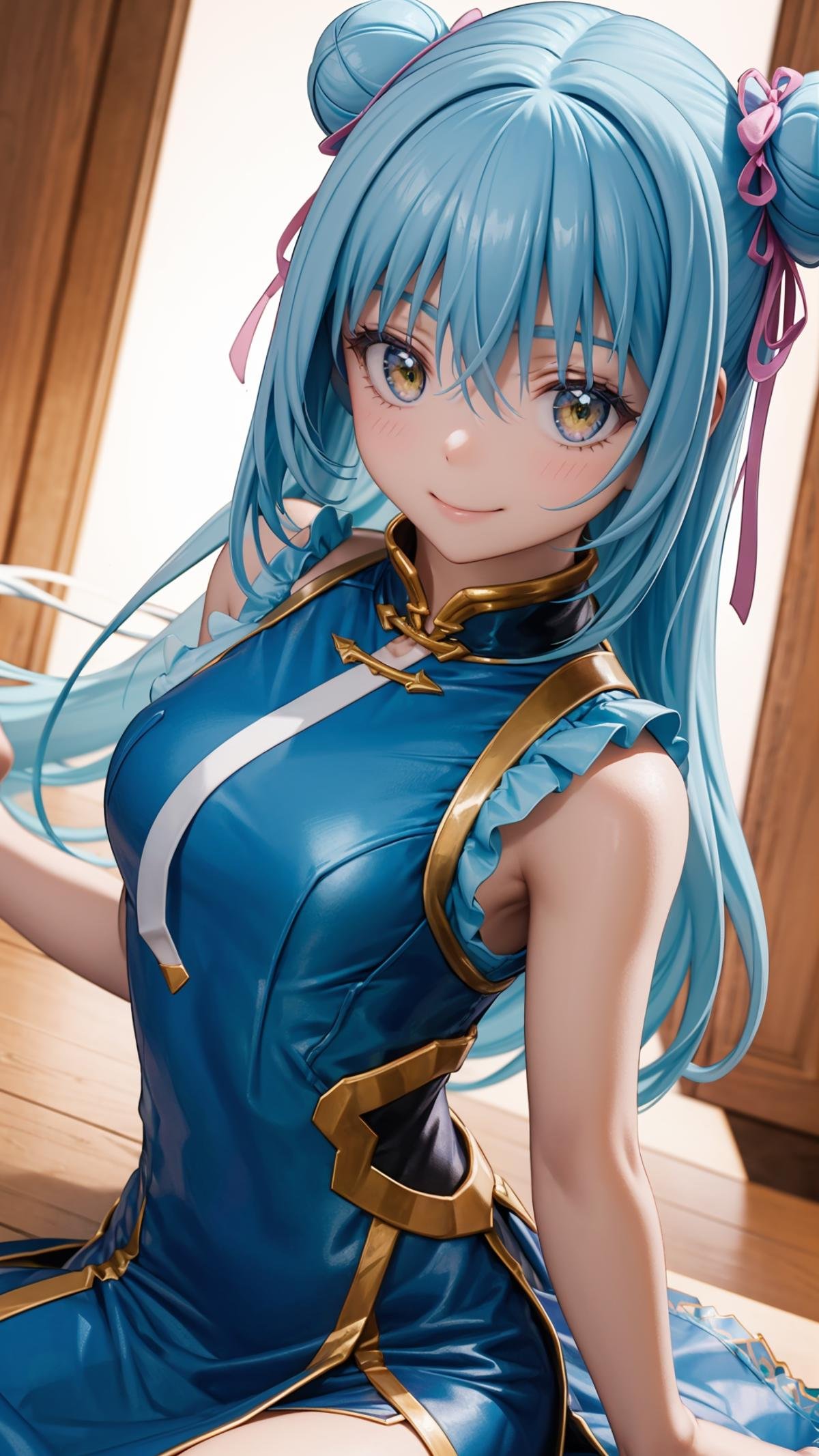 (masterpiece, best quality),ray tracing,absurdres,HDR,1girl,long hair,light blue hair, rimuru tempest, yellow eyes,large breasts, china dress, ribbon, sleeveless, closed mouth, hair between eyes, double bun, chinese clothes, dress, sleeveless dress, blue dress, bangs, , hair bun, shiny hair, hair ribbon, blush, shiny, floating hair, pink ribbon, looking at viewer, sitting, sweatdrop, , short dress, straight hair, very long hair, purple ribbon, solo, , legs, ,barefoot, smile,toe , ,indian style,<lora:rimuru hagun:0.8>