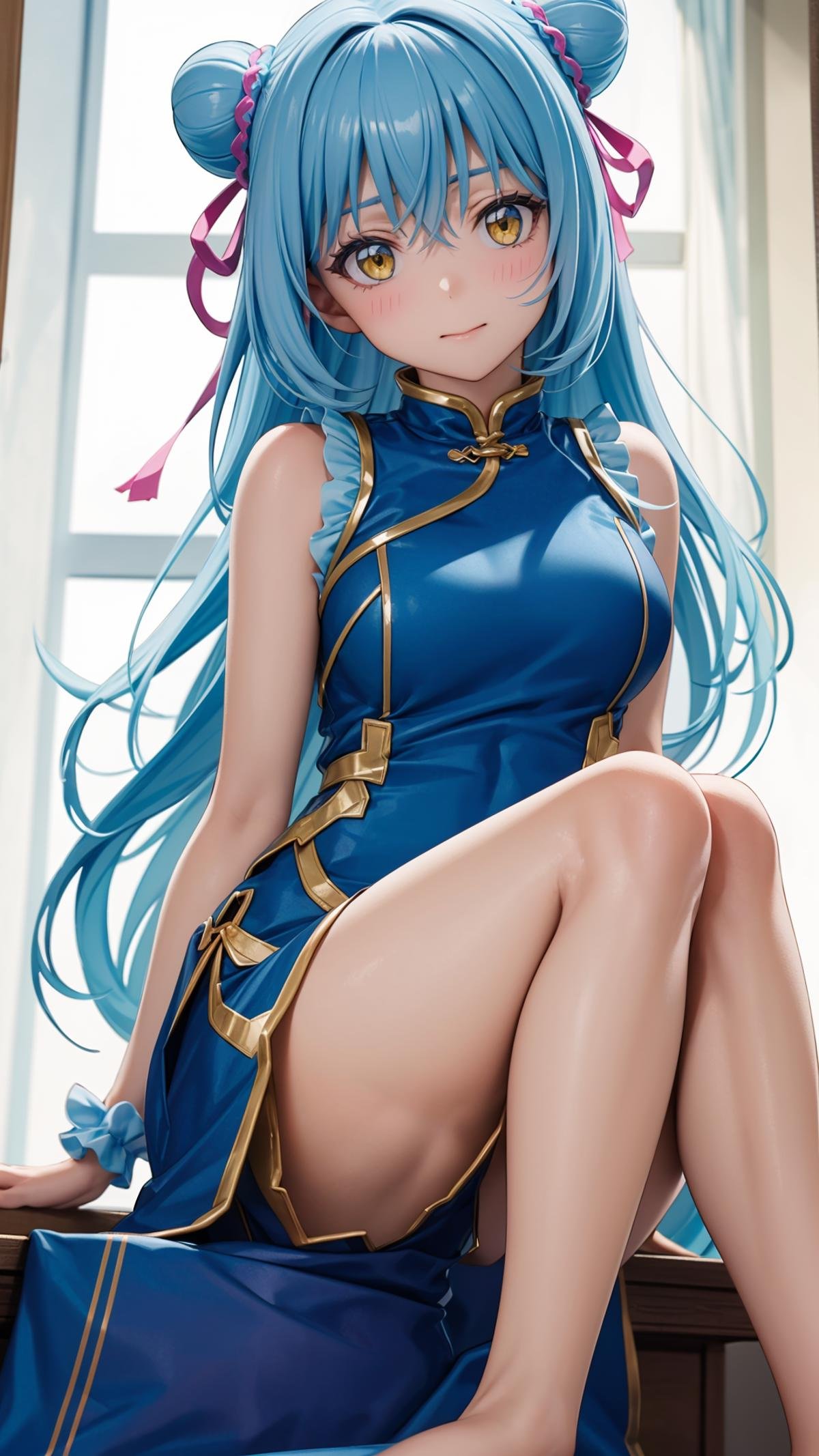 (masterpiece, best quality),ray tracing,absurdres,HDR,1girl,long hair,light blue hair, rimuru tempest, yellow eyes,large breasts, china dress, ribbon, sleeveless, closed mouth, hair between eyes, double bun, chinese clothes, dress, sleeveless dress, blue dress, bangs, , hair bun, shiny hair, hair ribbon, blush, shiny, floating hair, pink ribbon, looking at viewer, sitting, sweatdrop, , short dress, straight hair,  very long hair, purple ribbon, solo, , , ,barefoot, <lora:rimuru hagun:0.7>