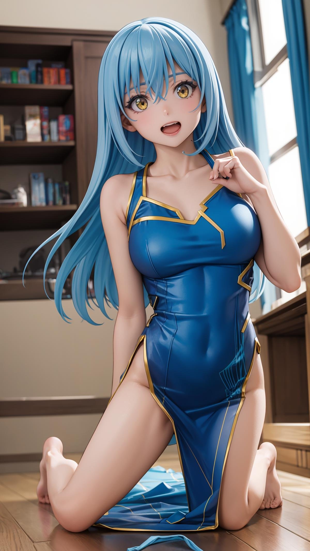 (masterpiece, best quality),ray tracing,absurdres, HDR,1girl, , yellow eyes, long hair, , solo,large breasts, , blue hair, looking at viewer, china dress,blue dress, rimuru tempest, all fours, hair between eyes, bangs, collarbone , open mouth,  hand, , indoors, barefoot, solo, <lora:rimuru hagun:0.8>