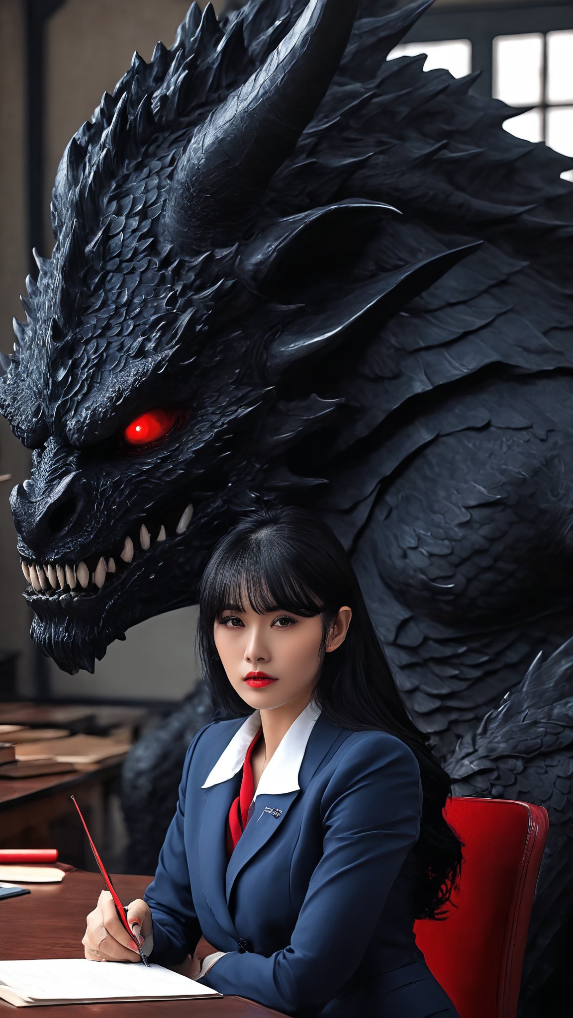 Big black dragon,Woman sitting in front,masterpiece, high quality, 最high quality, beautiful, High resolution, Realistic, Perfect lighting, Detailed face, Detailed body, 1 person, Black Hair, Blue eyes, Masculinity, Suit Uniform, (Dull expression: 1.5) (Face Natural: 1.5), sitting in classroom, [Object Object], (Features of Detailed face:1.3), (RAW Photos, 16K, masterpiece, 最high quality: 1.2), (ultra realism, Extremely detailed and exquisite realism: 1.3), (広い is written in depth, Radiation Mapping, Ray Tracing, God's Rays: 1.2), High Dynamic Range, vivid, Rich details, Revealing shadows and highlights, Realistic, intense, Enhance contrast,Beautiful woman with red eyes posing for elegant photo with black giant demon, harpoon,Gray Hair,Face to face, ultra-realistic, Clear images,（（A giant black demon in the background））,Demon in the background!,（（Ogre in the background））,sexy girl