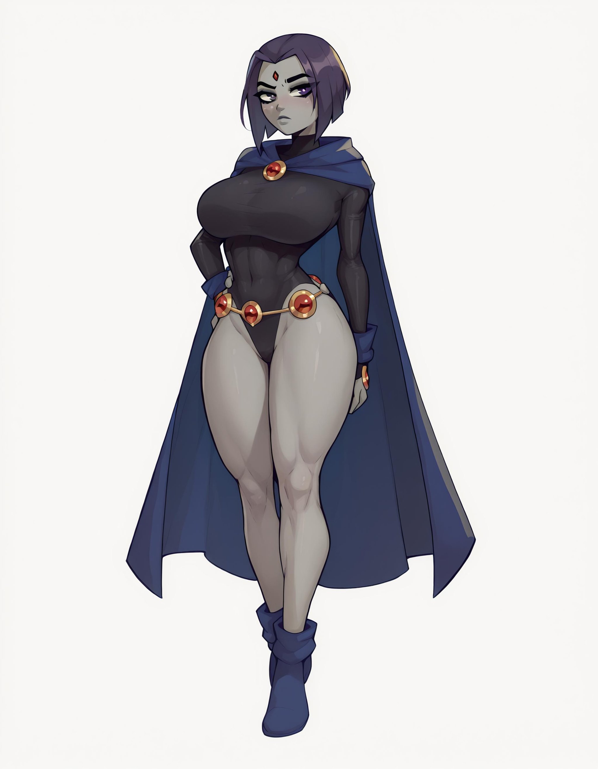 ravenxl, 1girl, solo, looking at viewer, simple background, white background, large breasts, full body, bobcut, cape,<lora:Ravenxl-000004:1>,, score_9, score_8_up, score_7_up, score_6_up, score_5_up, score_4_up,