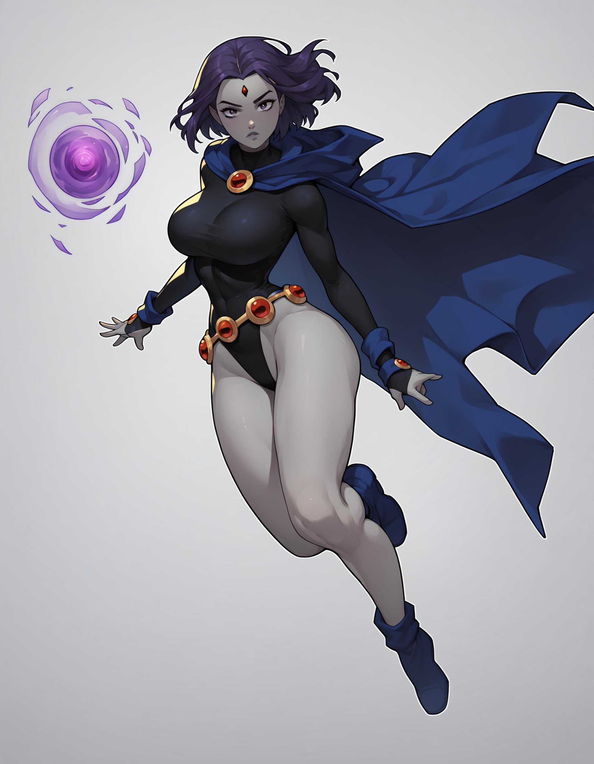 ravenxl, 1girl, solo, looking at viewer,large breasts, full body, leotard, belt, cape, magic aura, floating,<lora:Ravenxl-000004:0.6>,, score_9, score_8_up, score_7_up, score_6_up, score_5_up, score_4_up,