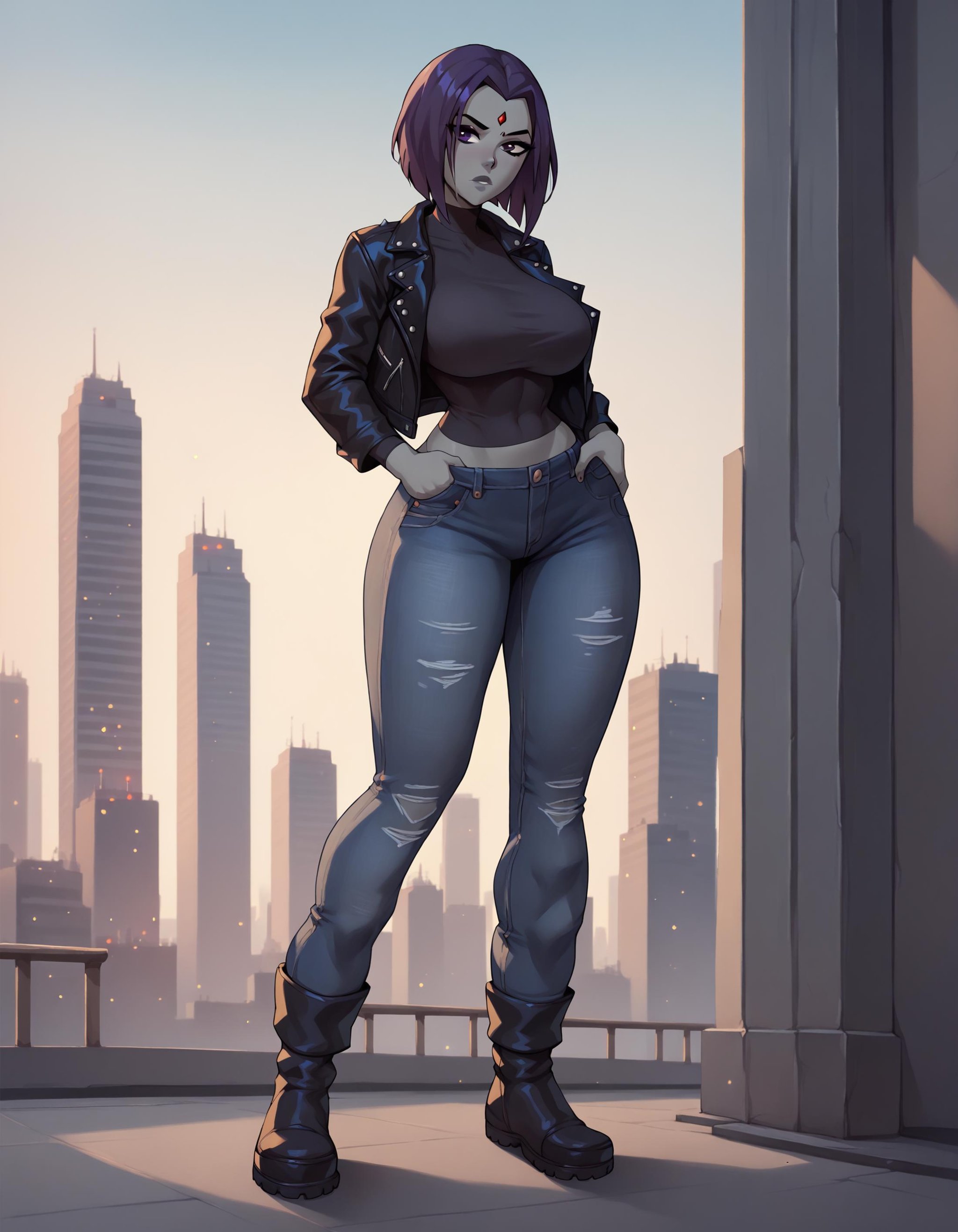 ravenxl, 1girl, solo, looking at viewer,large breasts, full body, leather jacket, jeans, black boots,  cityscape, standing, <lora:Ravenxl-000004:0.8>,, score_9, score_8_up, score_7_up, score_6_up, score_5_up, score_4_up,