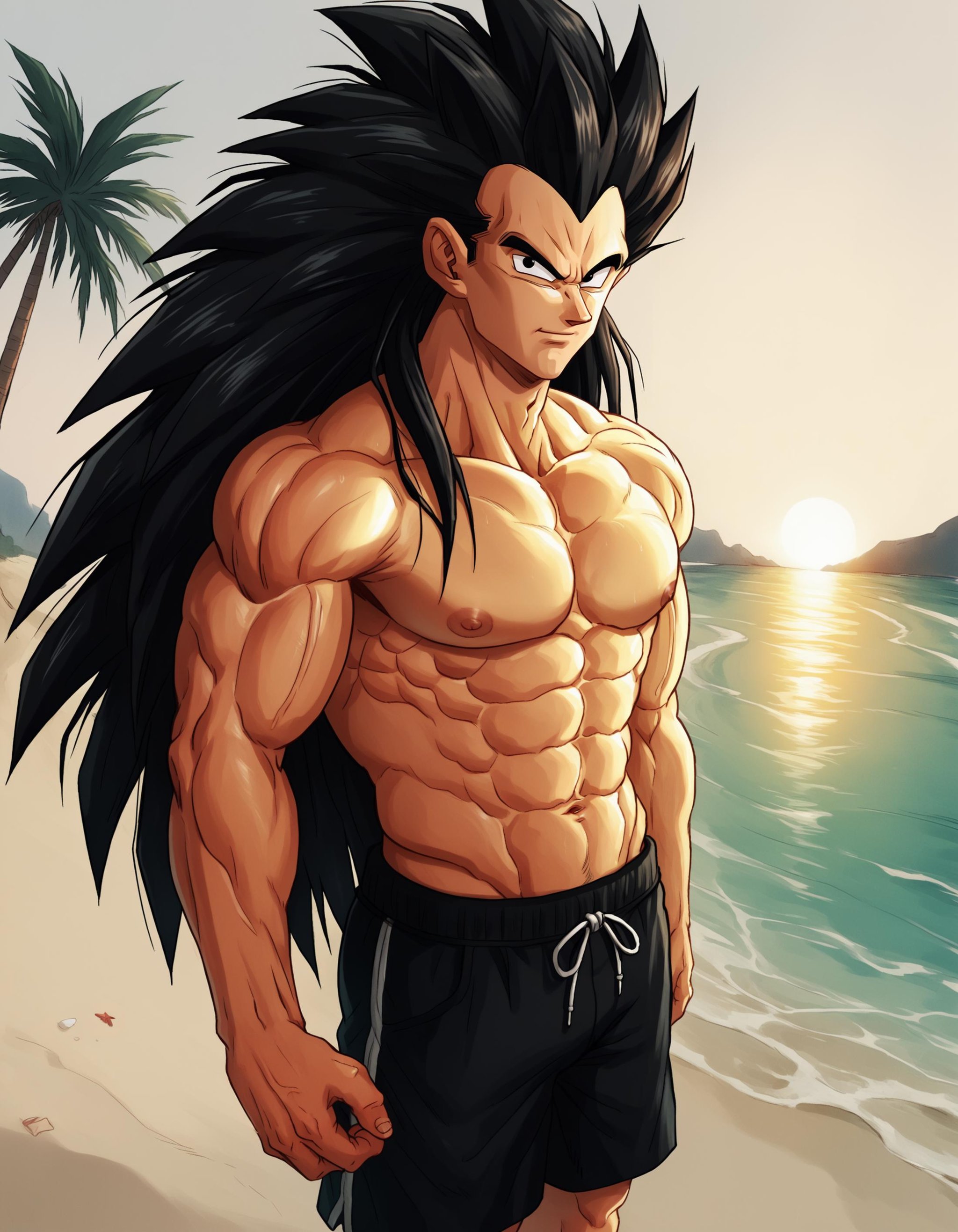 score_9, score_8_up, score_7_up, source_anime, spiked hair,raditzxl,  1boy,solo,black hair,long hair, black eyes,looking at viewer, male focus,swim trunks, abs,navel, beach, palm tree, backlighting, sunset,white background, <lora:raditsxl5-000003:0.8>, 