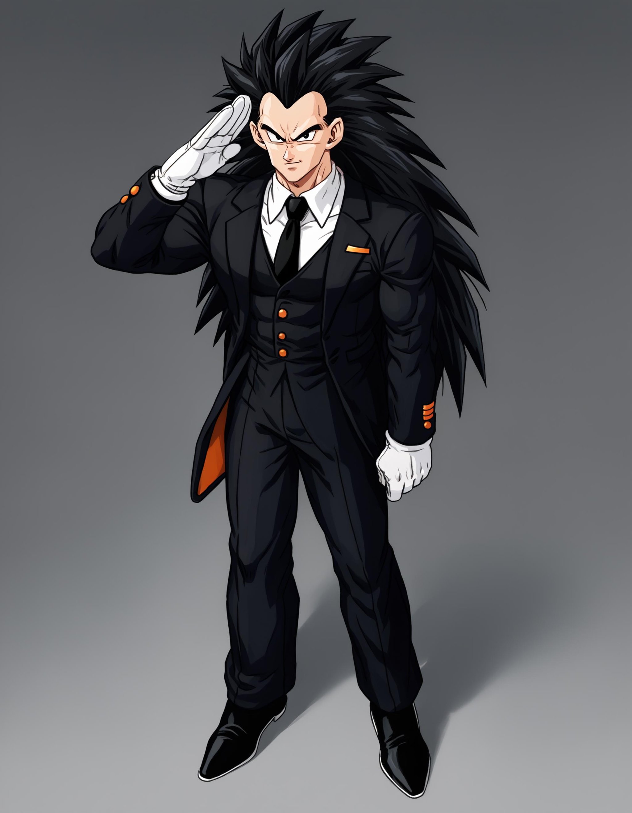 score_9, score_8_up, score_7_up, source_anime, spiked hair,raditzxl,  1boy,solo,black hair,long hair, black eyes,looking at viewer, male focus,suit, necktie, dress shoes, black clothes, salute, white gloves, standing, <lora:raditsxl5-000003:0.8>