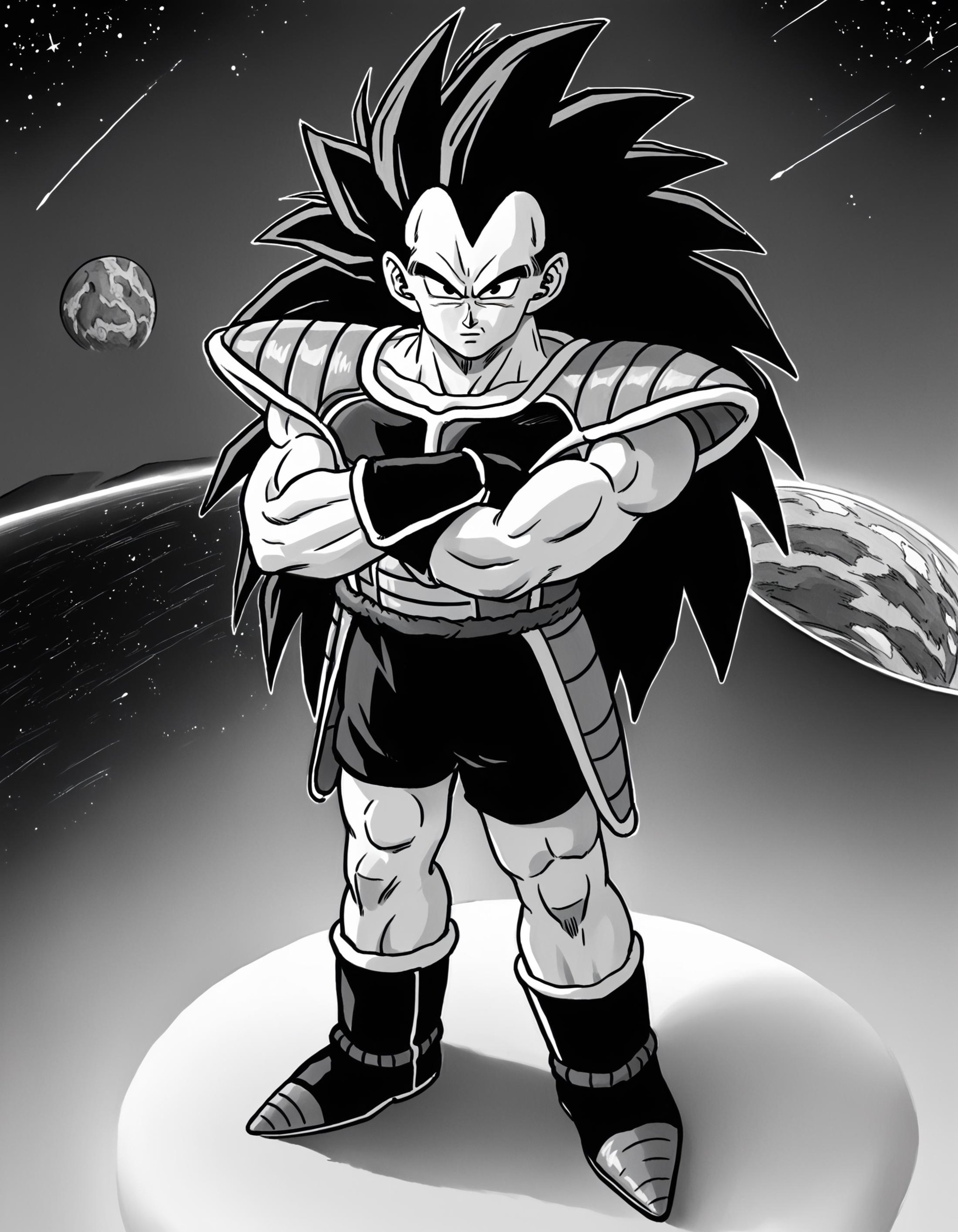 score_9, score_8_up, score_7_up, source_anime, spiked hair,raditzxl,  1boy,solo,black hair,long hair, black eyes,looking at viewer, male focus,crossed arms, saiyan armor,boots, space,night,full body, monochrome, greyscale, lineart,<lora:raditsxl5-000003:0.8>