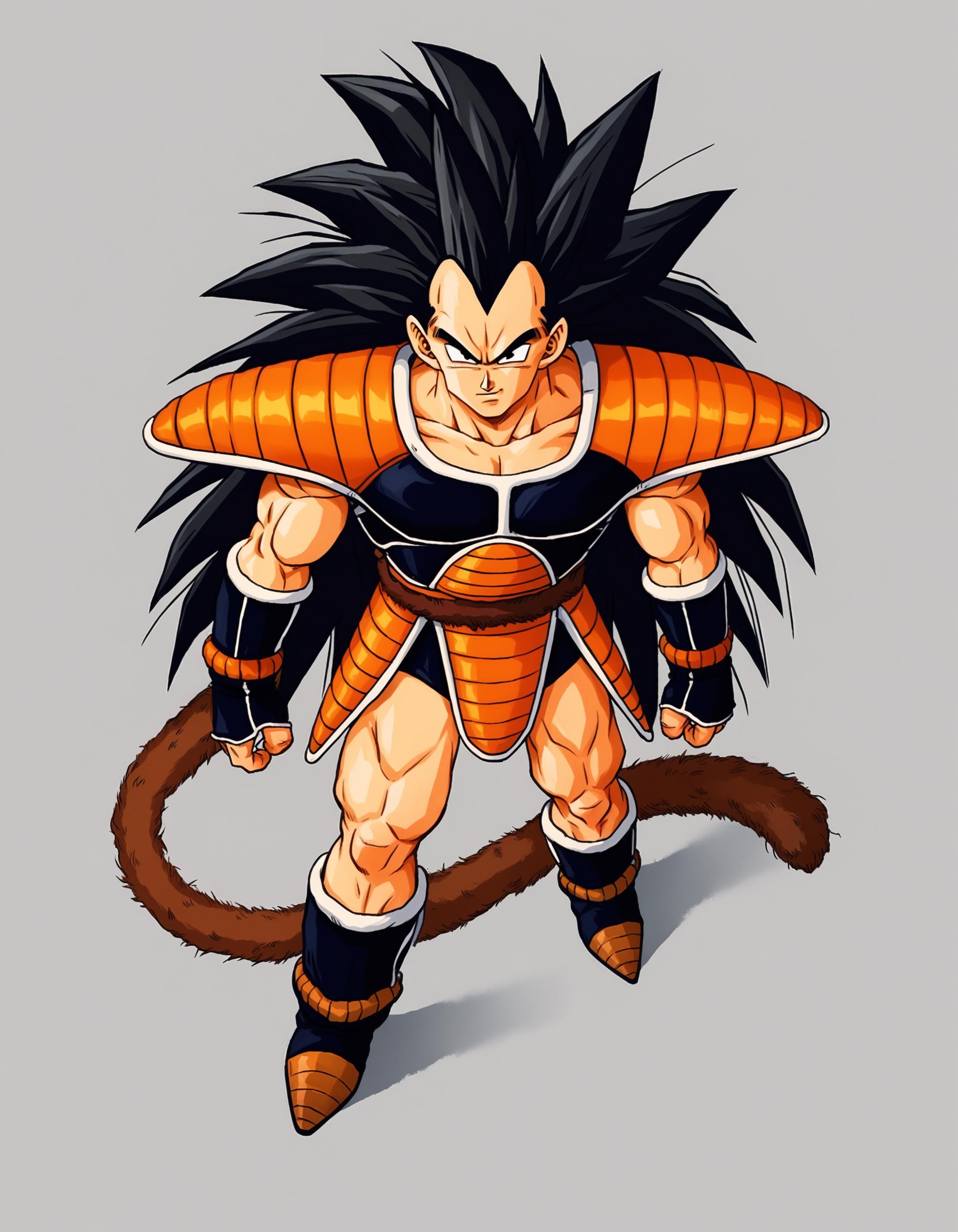 score_9, score_8_up, score_7_up, source_anime, spiked hair,raditzxl,  1boy,solo,black hair,long hair, black eyes,looking at viewer, male focus,saiyan armor, gloves, tail,boots,<lora:raditsxl5-000003:0.8>