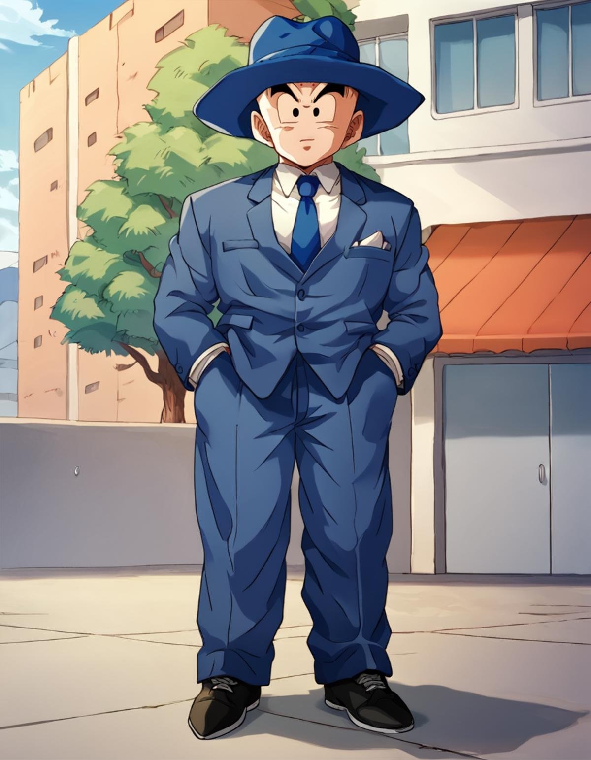 score_9, score_8_up, score_7_up, source_anime, krillinxl, 1boy, standing,outdoors, solo, full body, necktie, pants, black footwear, formal, suit, blue headwear, blue necktie, hands in pockets, blue pants <lora:krillinxl:0.9>