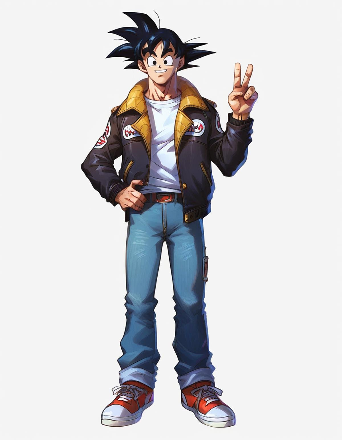 score_9, score_8_up, score_7_up,gokuxl, solo,1boy,  black eyes, looking at viewer,  full body, smile, v, hand on own hip, jeans,jacket, sneakers, white background, <lora:gokuxl-000004:0.8>,