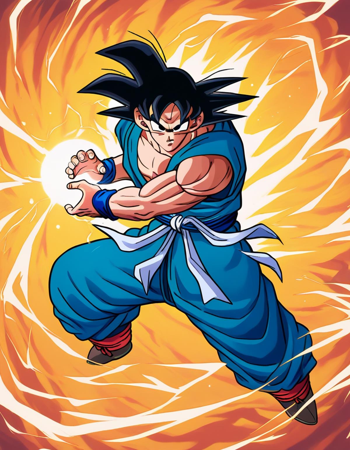 score_9, score_8_up, score_7_up,gokuxl, solo,1boy,  black eyes, looking at viewer,  full body, energy ball, kamehameha charge stance, aura,serious,glowing, pectorals, wristband, sash, blue dougi,<lora:gokuxl-000004:1>, <lora:kamehameha charge stance:0.7>