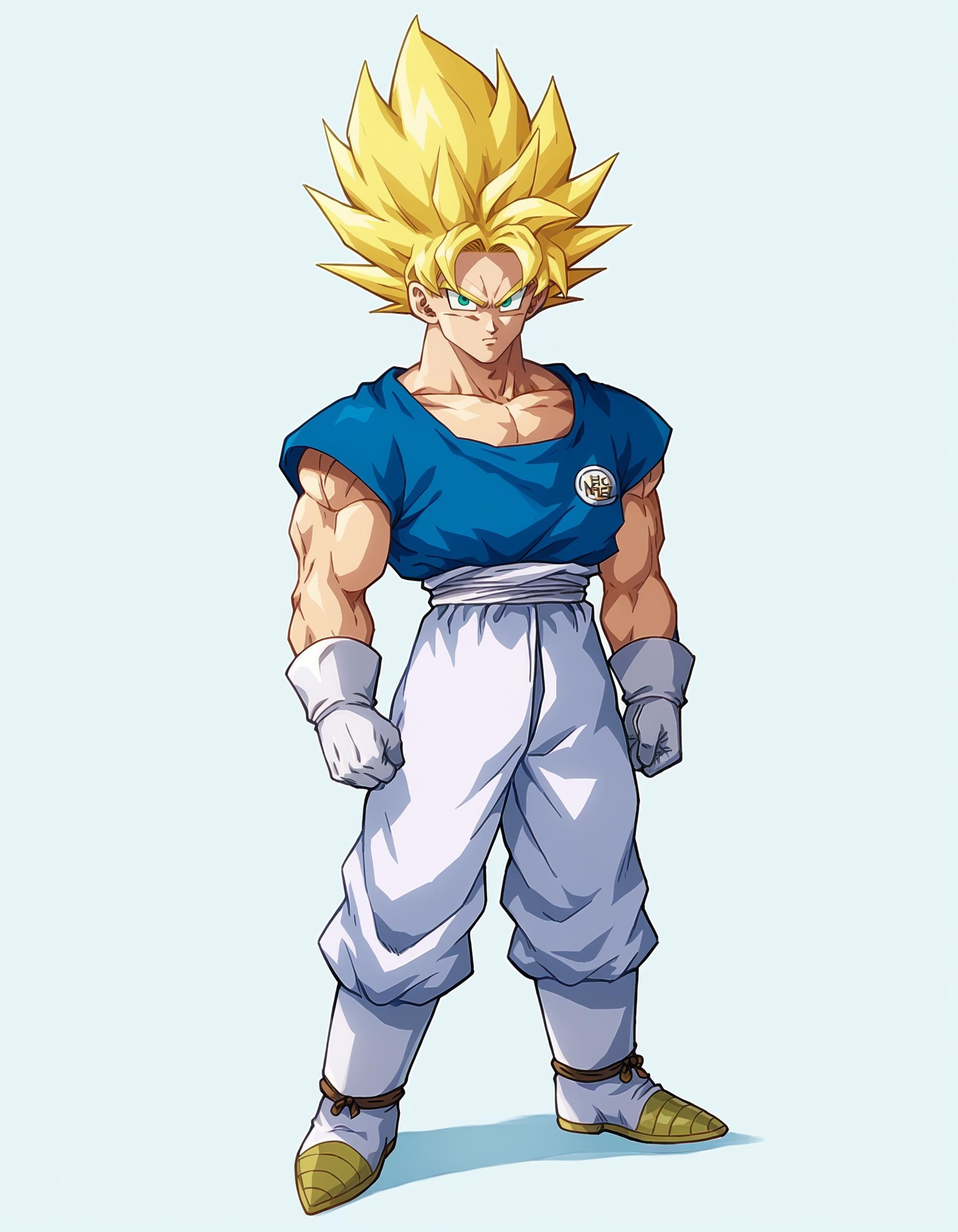 score_9, score_8_up, score_7_up,gokuxl, solo,1boy,  black eyes, looking at viewer,serous, full body, white footwear, super saiyan,blonde hair, spiked hair, aqua eyes, white gloves, standing,<lora:gokuxl-000004:0.9>, 