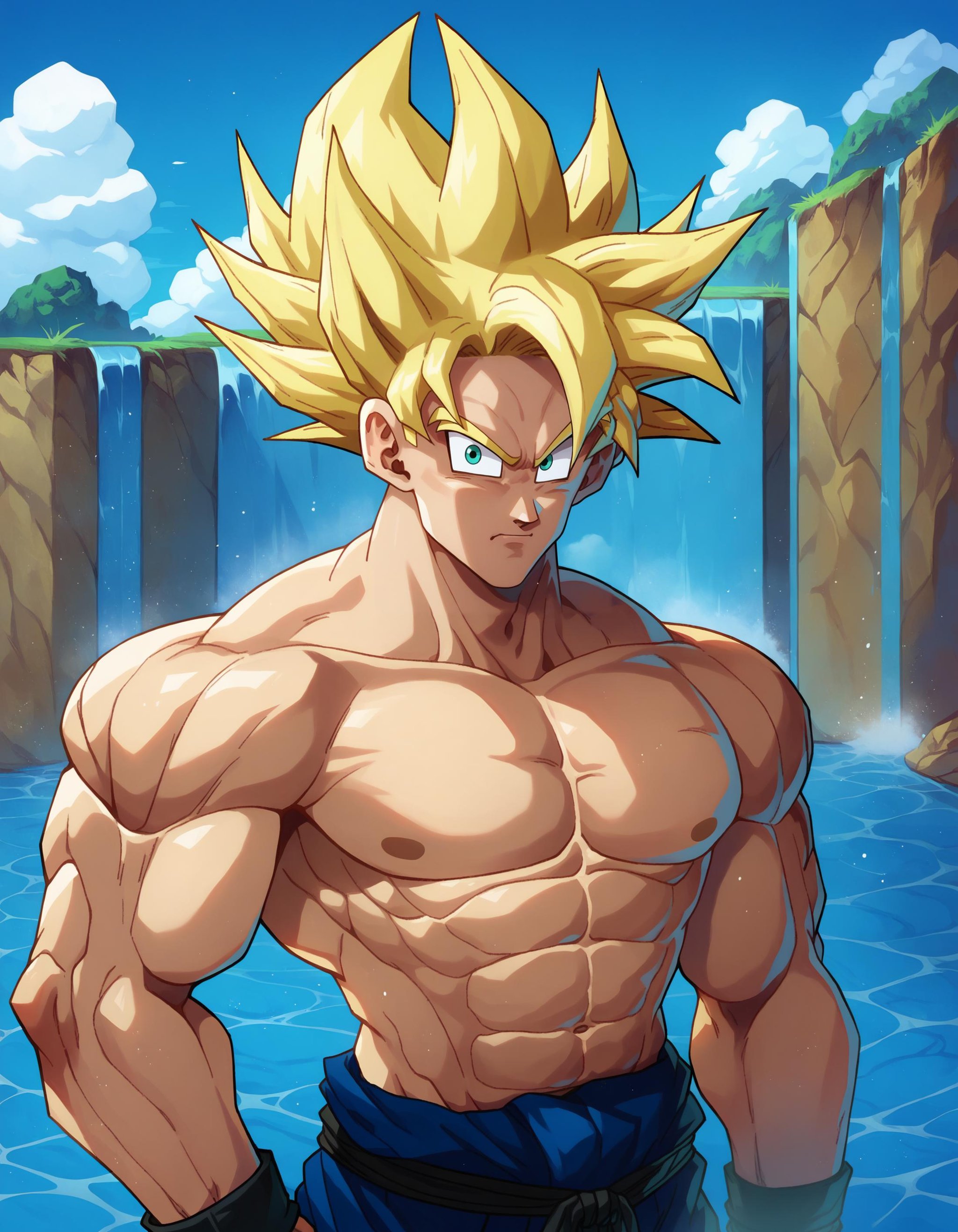 score_9, score_8_up, score_7_up,gokuxl, solo,1boy,  black eyes, looking at viewer,serous,  super saiyan,blonde hair, spiked hair, aqua eyes, w standing,  pectorals, portrait, waterfall, sky, cloud, <lora:gokuxl-000004:1>, 