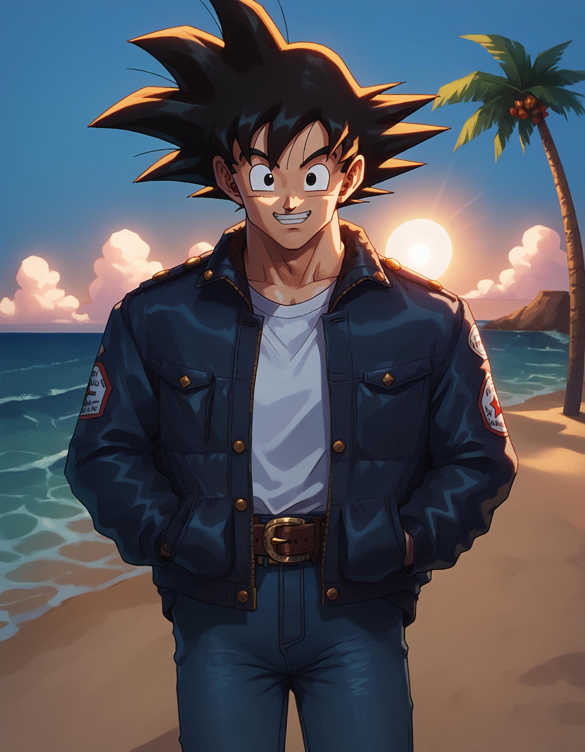 score_9, score_8_up, score_7_up,gokuxl, solo,1boy,   looking at viewer,happy,  standing,  beach,palm tree, white shirt, sun, waves, jeans, jacket, belt,<lora:gokuxl-000004:0.9>,   <lora:add-detail-xl:-1.5>, <lora:Smooth Anime 2 Style SDXL_LoRA_Pony Diffusion V6 XL:0.7>