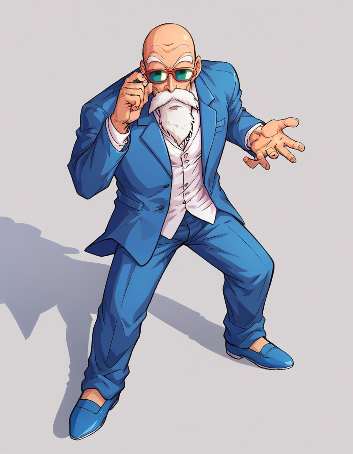 score_9, score_8_up, score_7_up,roshixl, solo, 1boy,  male focus,  sunglasses, portrait, looking at viewer, bald,suit,blue suit,blue hat, blue shoes, <lora:roshi:1>