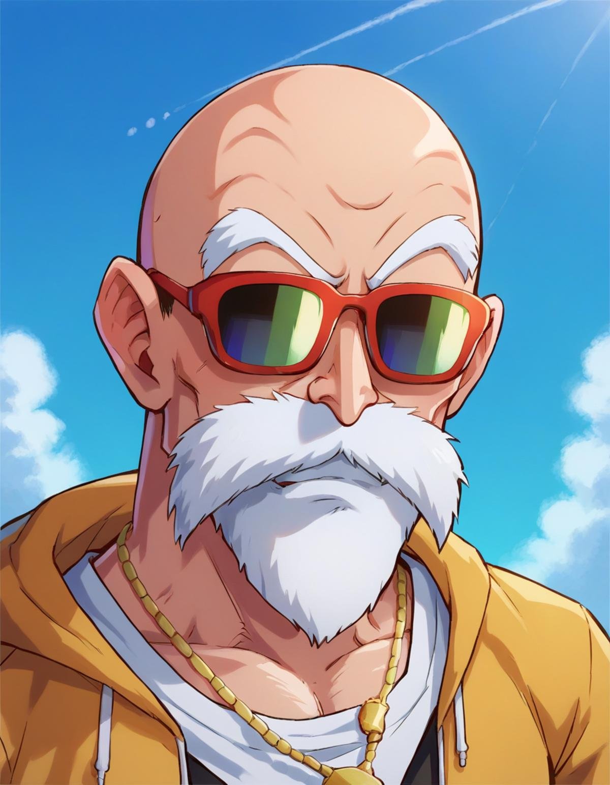 score_9, score_8_up, score_7_up,roshixl, solo, 1boy,  male focus,  sunglasses,<lora:roshi:1>