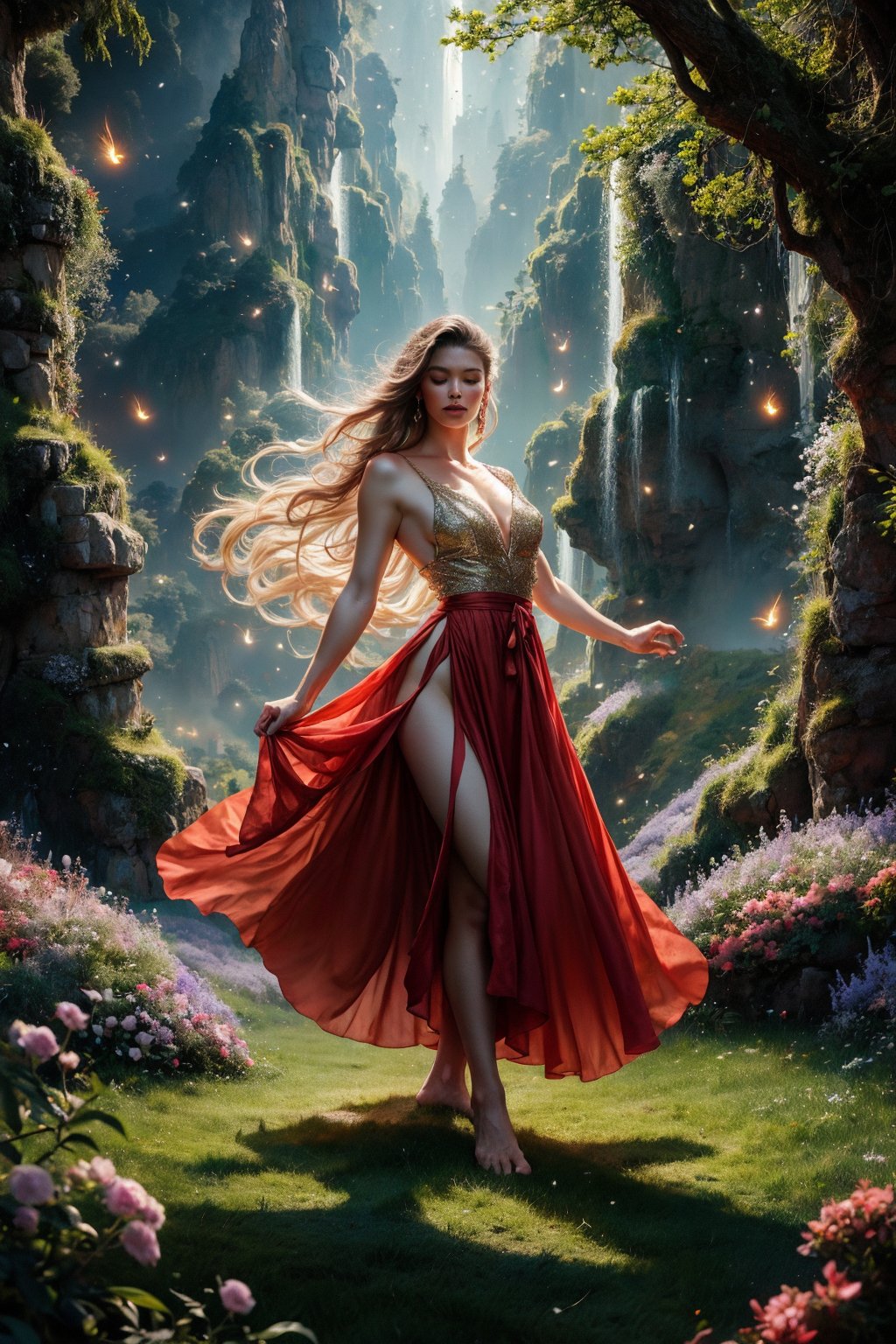 "Create an image of a beautiful woman wearing a flowing red dress standing in a dreamy, enchanting forest. The scene is illuminated by the soft glow of numerous fireflies, creating a magical and ethereal atmosphere. The forest is lush with dense foliage and towering trees, and the ground is covered with a carpet of moss and flowers. The woman looks serene and mystical, blending harmoniously with the fantastical surroundings.", dynamic poses, movement poses, Fantasy detailers 