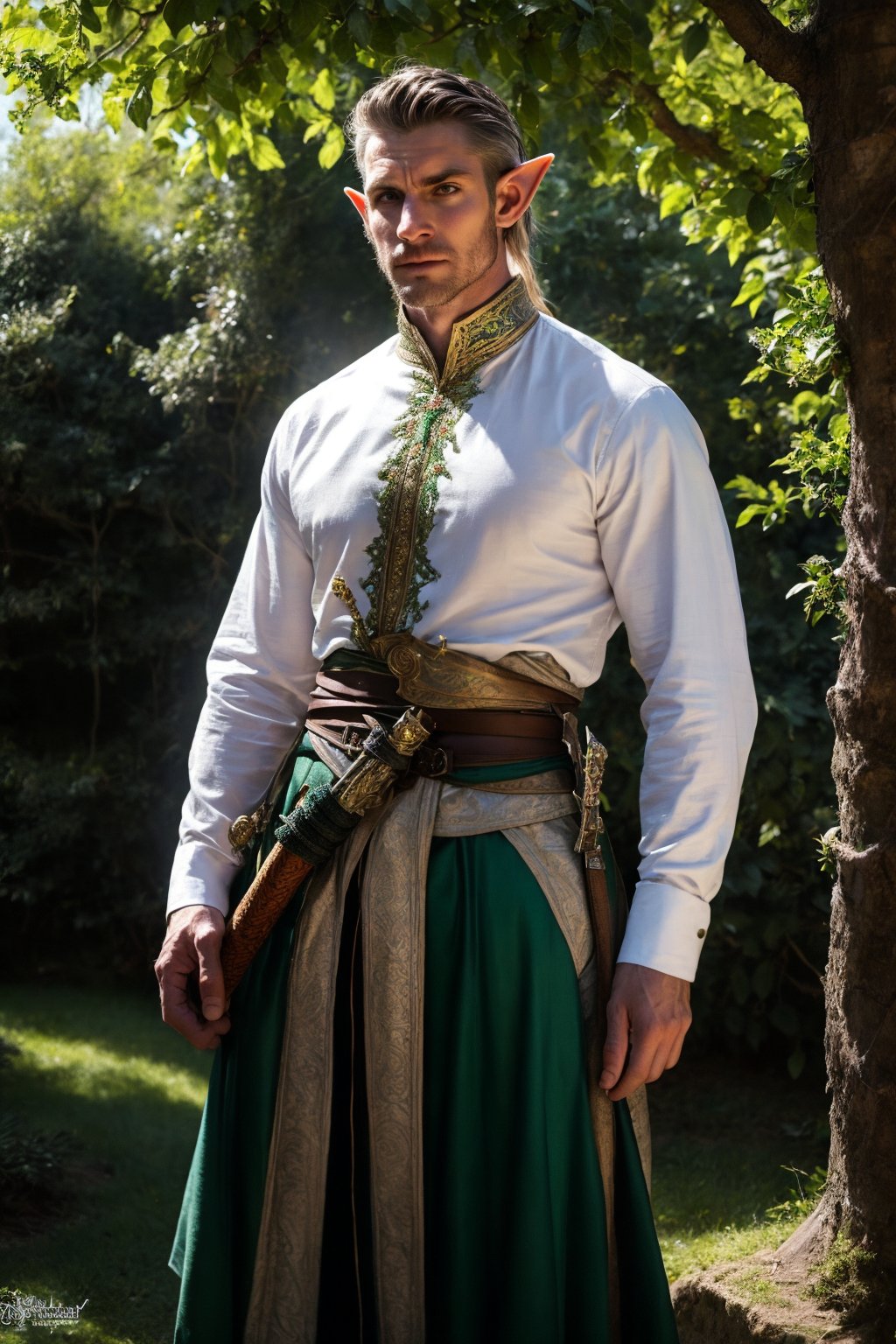 handsome elf with sharp features and pointed ears stands confidently on a tree branch, dressed in intricate green elf clothing. He gazes into the distance with a determined expression, a sword sheathed at his waist. The background showcases a dense, mystical forest with dappled sunlight filtering through the leaves, adding a magical ambiance to the scene.",Fantasy detailers,Masterpiece,Fantasy detailers 