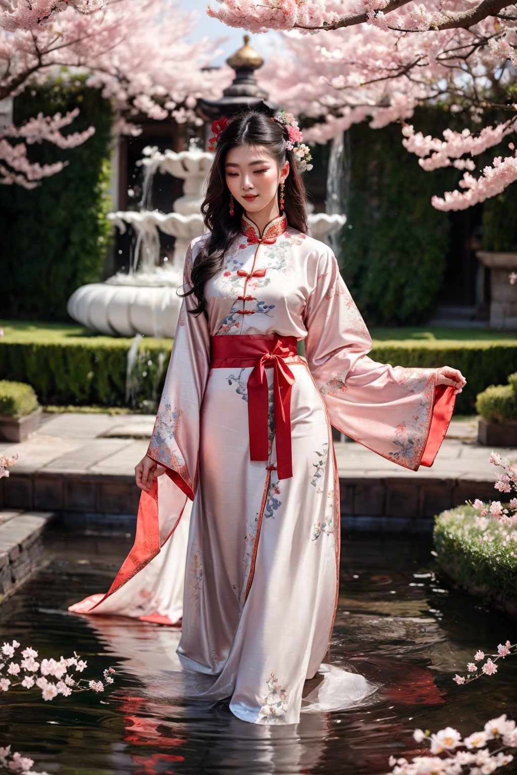 An elegant and beautiful woman dressed in traditional Chinese attire, her light pink robes flowing gracefully in the wind. Her long black hair is styled in a classic Chinese updo, adorned with delicate ornaments. The background features a serene garden with blooming cherry blossoms and a tranquil pond.",Fantasy detailers 