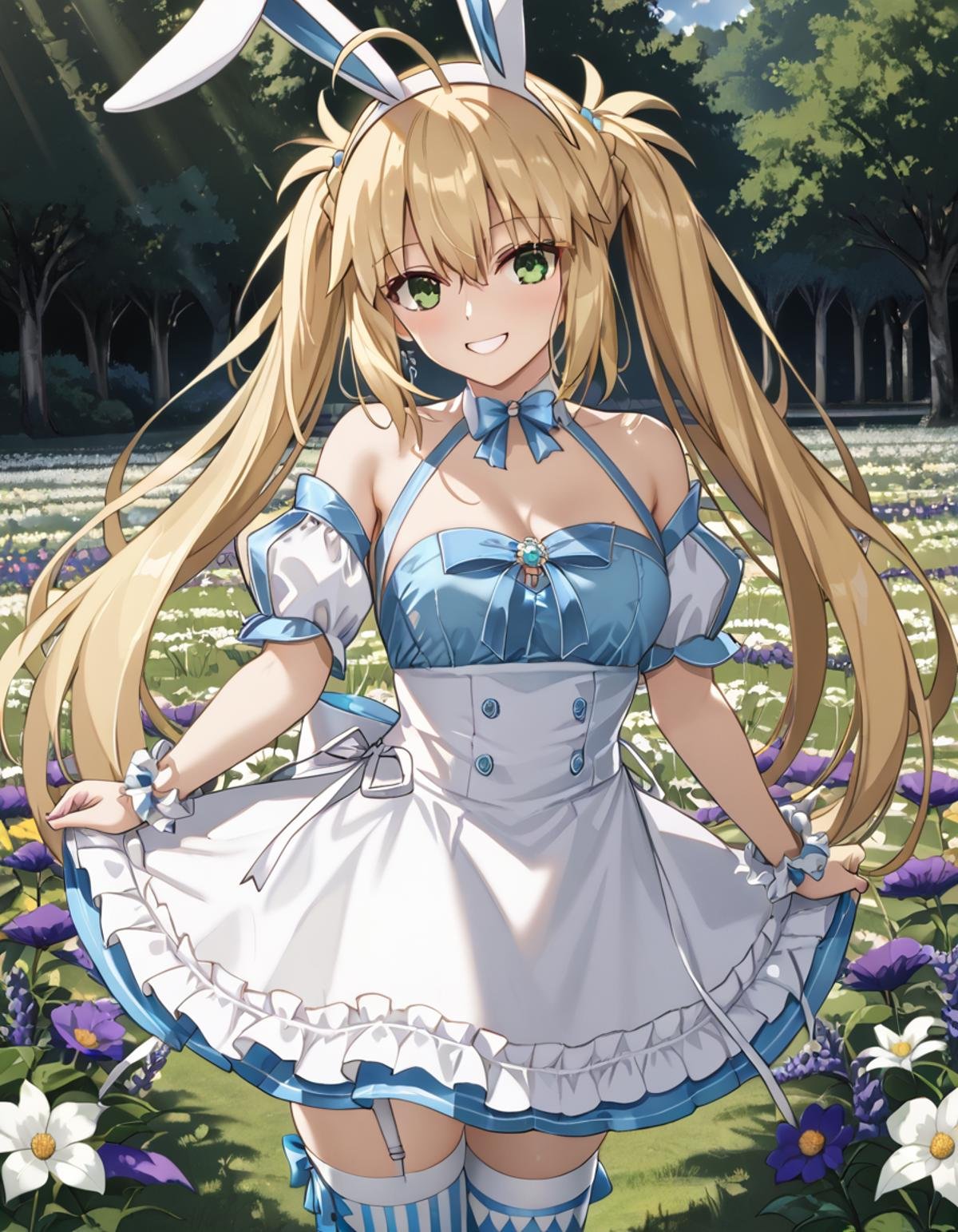 (masterpiece), (best quality), (ultra-detailed), Castoria, green eyes, blonde hair, twintails, ahoge BREAK, illustration, disheveled hair, detailed eyes, perfect composition, moist skin, intricate details, earrings, Volumetric Lighting, Castoria, green eyes, blonde hair, twintails, ahoge BREAK, light depth, dramatic atmospheric lighting, Volumetric Lighting, SCaster2, Sum2_dress, Sum2_detached_sleeves, Sum2_fake_rabbit_ears, hairband, Sum2_thighhighs, Sum2_wrist_cuffs BREAK, flower field, looking at viewer,noon,smile