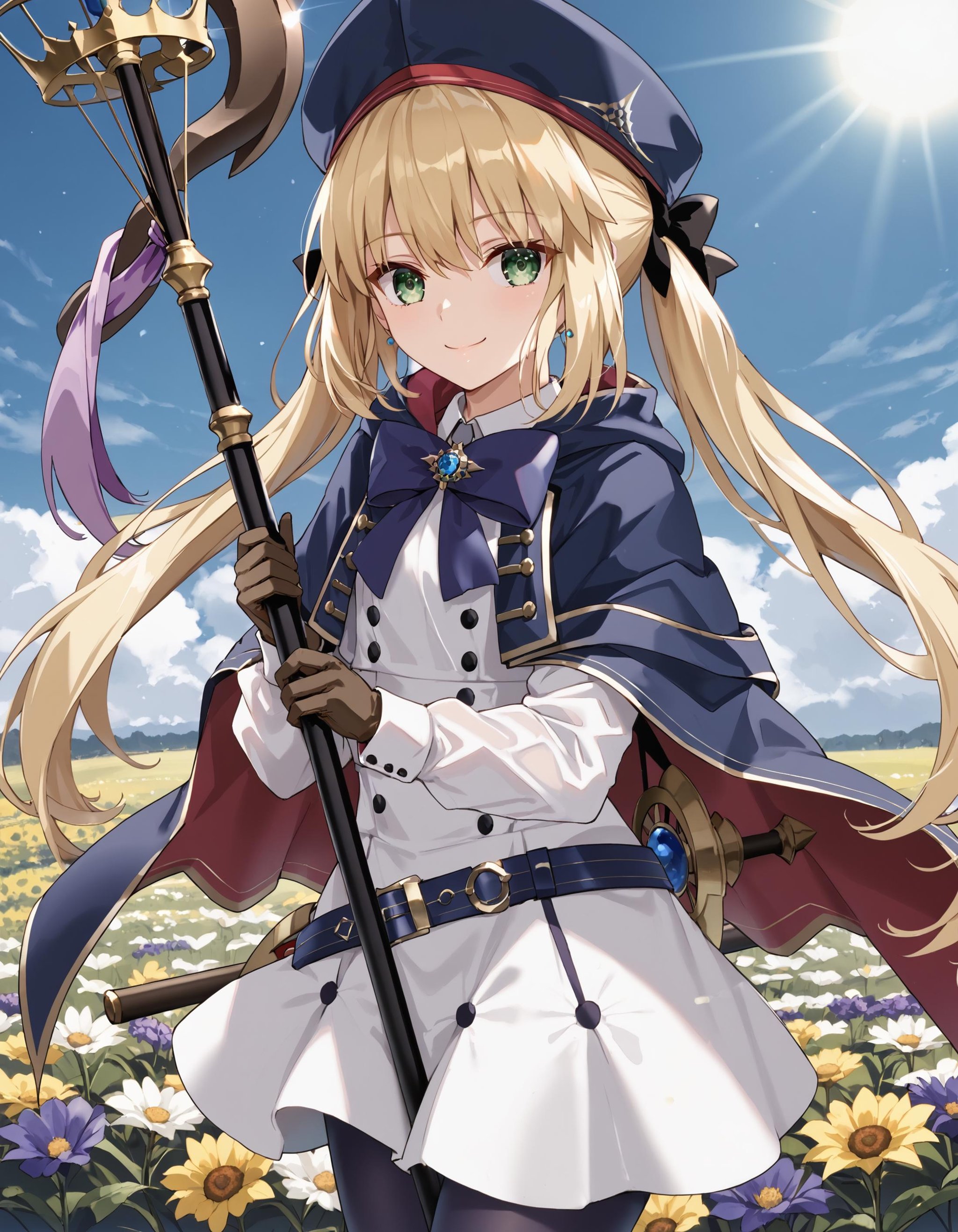 (masterpiece), (best quality), (ultra-detailed), Castoria, green eyes, blonde hair, hairbow, twintails, Castoria_staff, holding staff BREAK, illustration, disheveled hair, detailed eyes, perfect composition, moist skin, intricate details, earrings, Volumetric Lighting, Castoria, green eyes, blonde hair, hairbow, twintails, Castoria_staff, holding staff BREAK, light depth, dramatic atmospheric lighting, Volumetric Lighting, Caster2, C2_hair_bow, C2_gloves, C2_hat, C2_pantyhose, C2_dress, C2_belt, C2_capelet, black gloves BREAK, flower field, looking at viewer,noon,smile