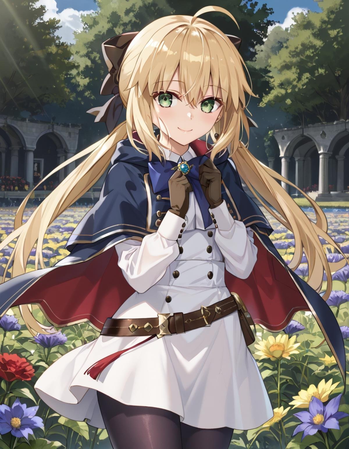 (masterpiece), (best quality), (ultra-detailed), Castoria, green eyes, blonde hair, hairbow, low twintails, ahoge BREAK, illustration, disheveled hair, detailed eyes, perfect composition, moist skin, intricate details, earrings, Volumetric Lighting, Castoria, green eyes, blonde hair, hairbow, low twintails, ahoge BREAK, light depth, dramatic atmospheric lighting, Volumetric Lighting, Caster2, C2_hair_bow, C2_gloves, C2_pantyhose, C2_dress, C2_belt, C2_capelet, black gloves BREAK, flower field, looking at viewer,noon,smile