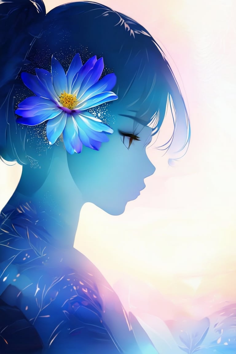 anime style,
masterpiece,silhouette of a woman in profile. Inside the silhouette you can see the double exposure with a flower, masterpiece, ((double exposure)), proportional