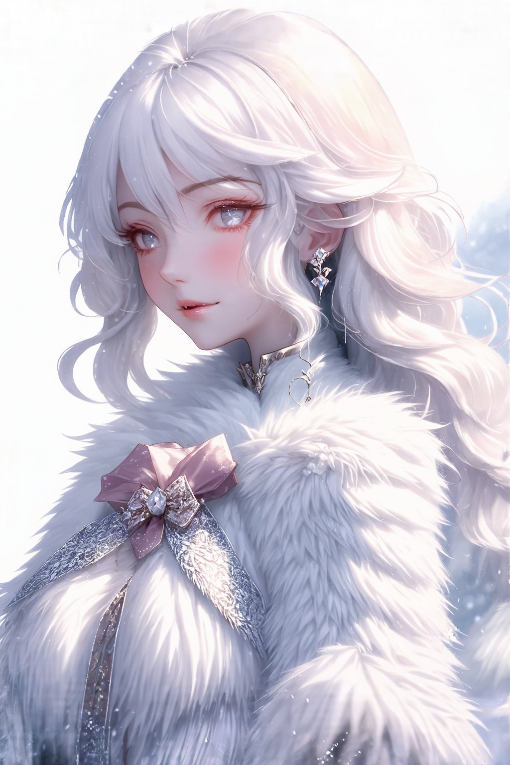 1woman, angelicface, wavy hair, furcloth, snow in the background, high quality, ultra detailed