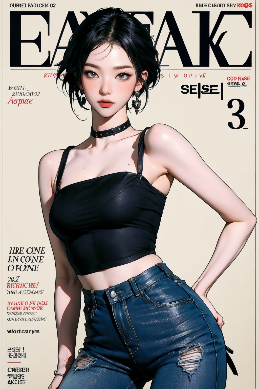 1girl, thigh up body, kpop idol oufit, styled clothes, earrings, looking at viewer, dynamic pose, magazine cover, 2D manga artstyle, aespakarina,