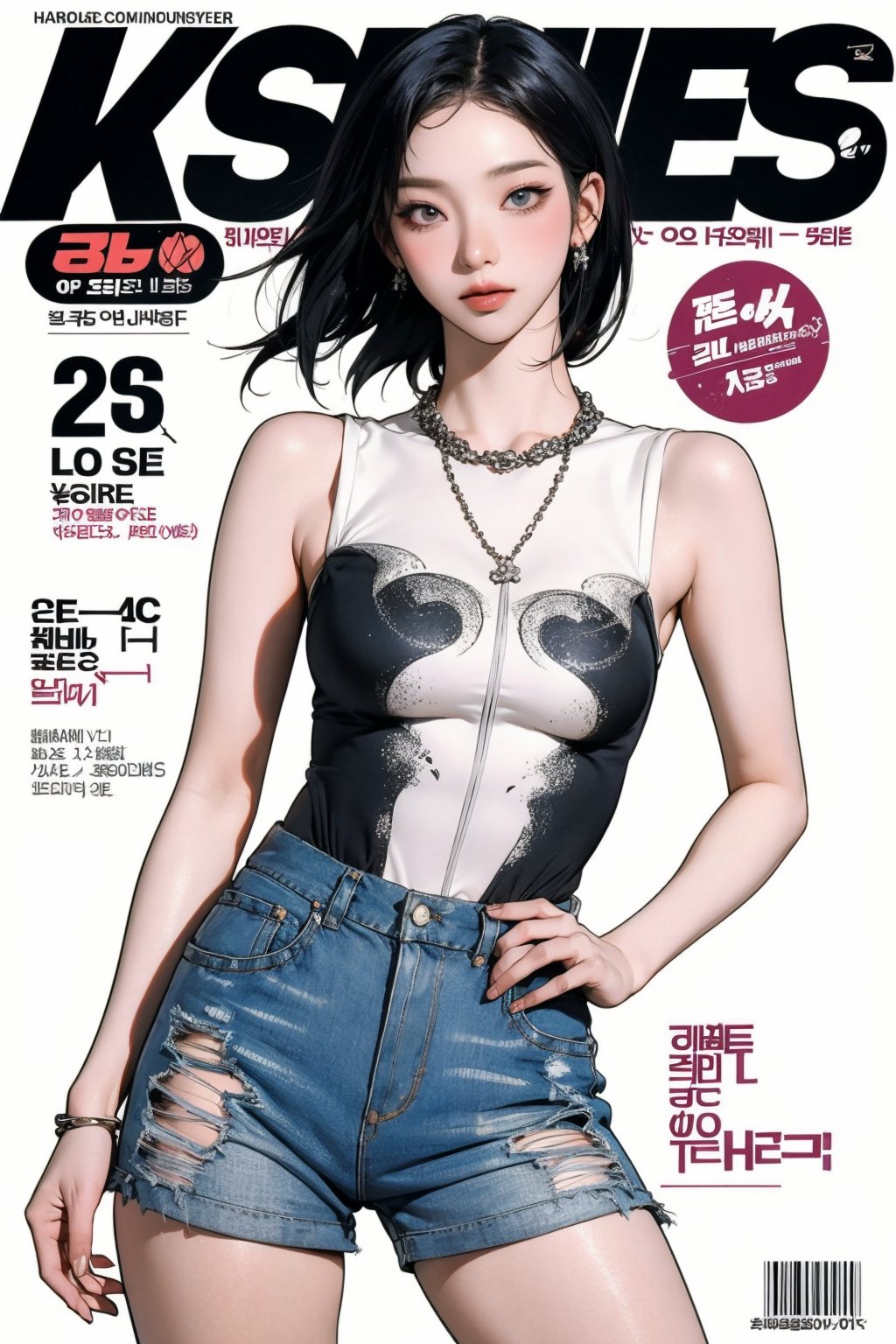 1girl, ((hairbangs,)) thigh up body, kpop idol oufit, styled clothes, earrings, looking at viewer, dynamic pose, magazine cover, 2D manga artstyle, aespakarina,