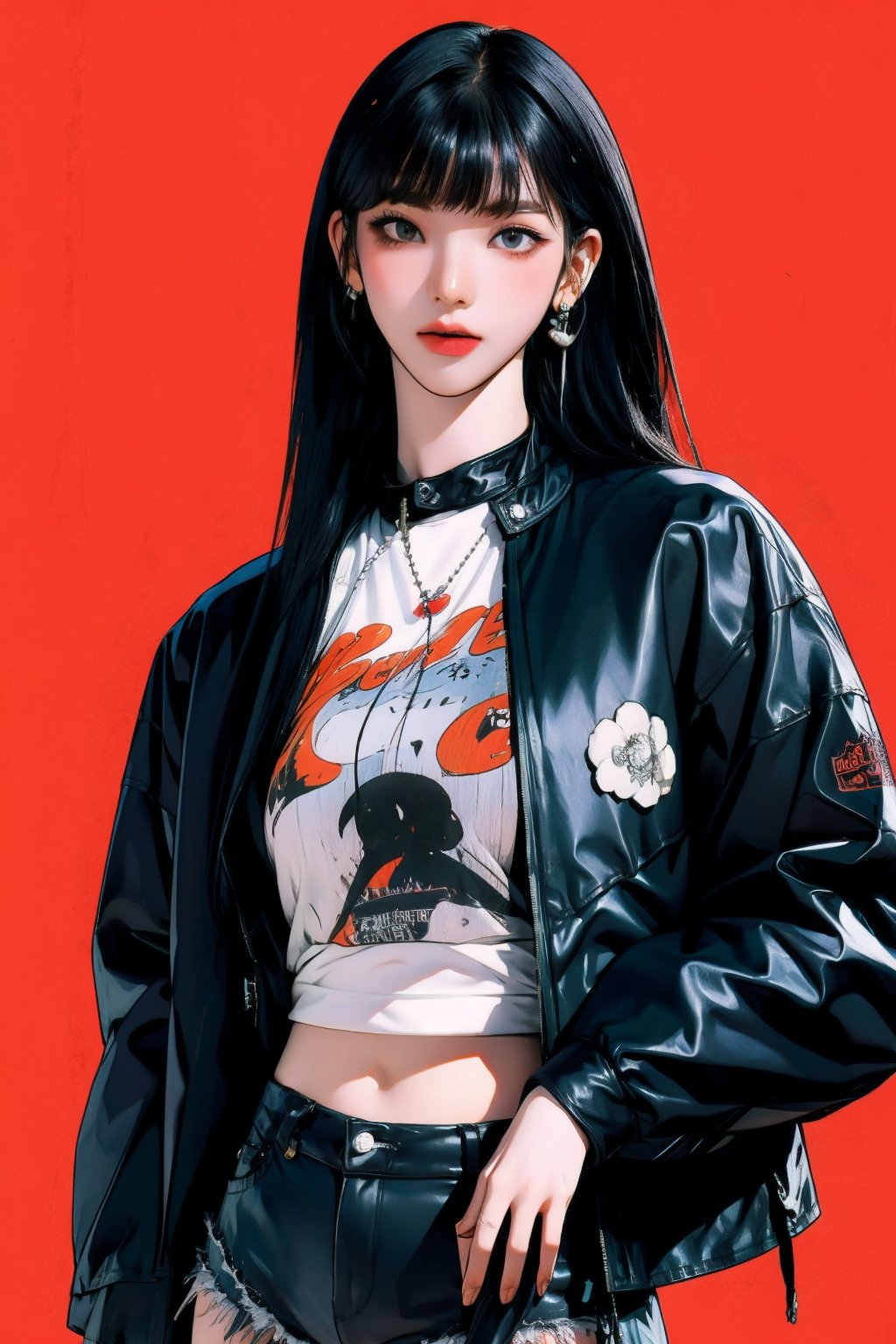 1girl, hair bangs, hip up body, printed shirt, jacket, shorts, kpop idol oufit, styled clothes, earrings, looking at viewer, dynamic pose, magazine cover, 2D manga artstyle, aespakarina,