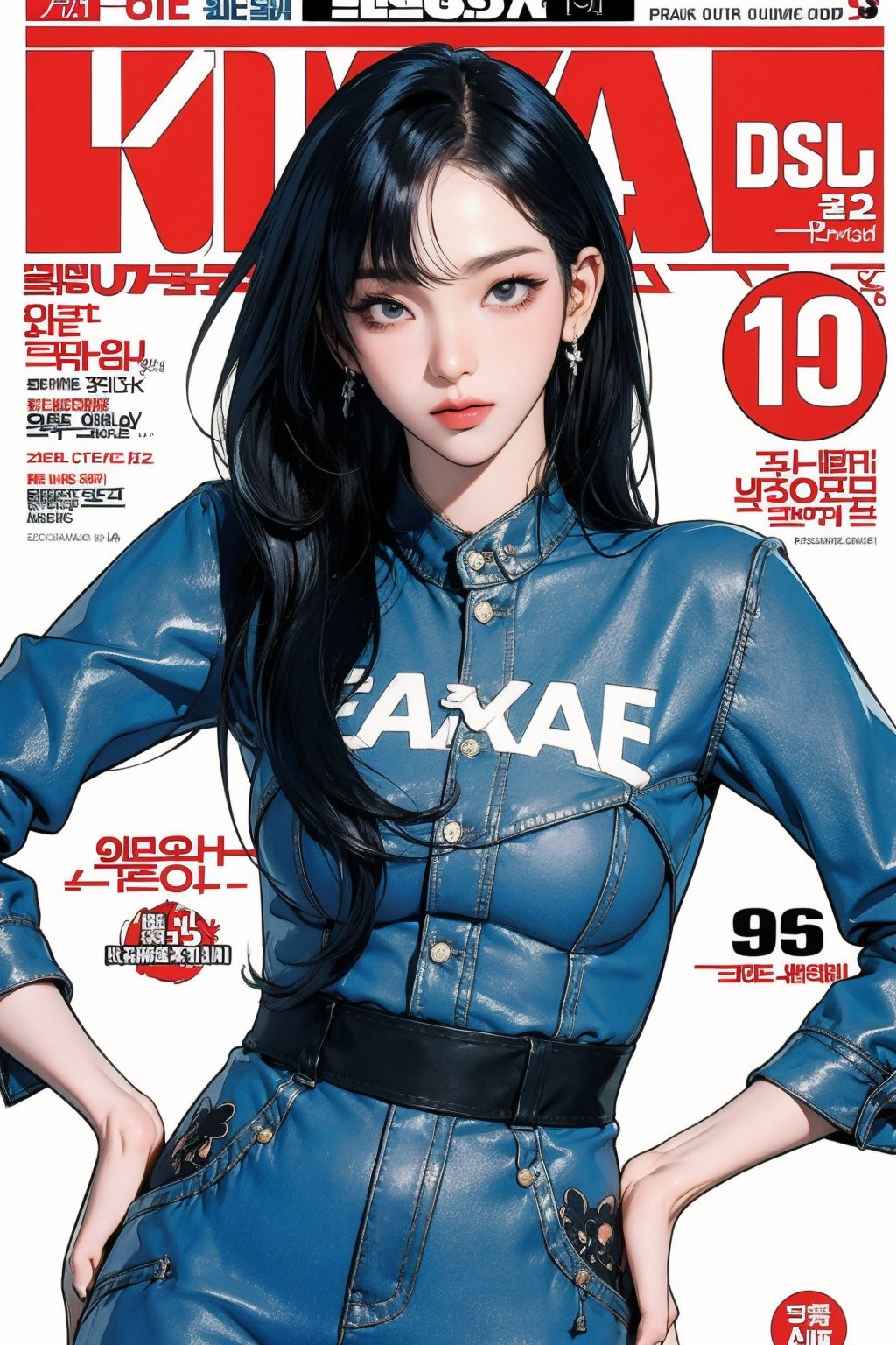 1girl, ((hair bangs,)) thigh up body, kpop idol oufit, styled clothes, earrings, looking at viewer, dynamic pose, magazine cover, 2D manga artstyle, aespakarina,