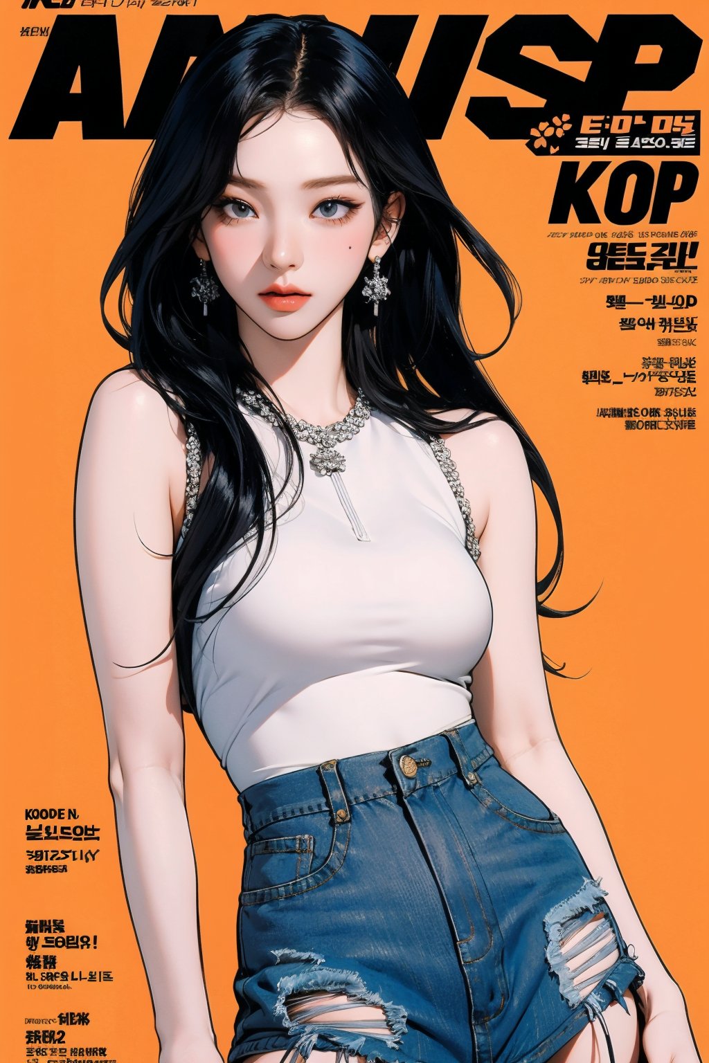 1girl, thigh up body, kpop idol oufit, styled clothes, earrings, looking at viewer, dynamic pose, magazine cover, 2D manga artstyle, aespakarina,