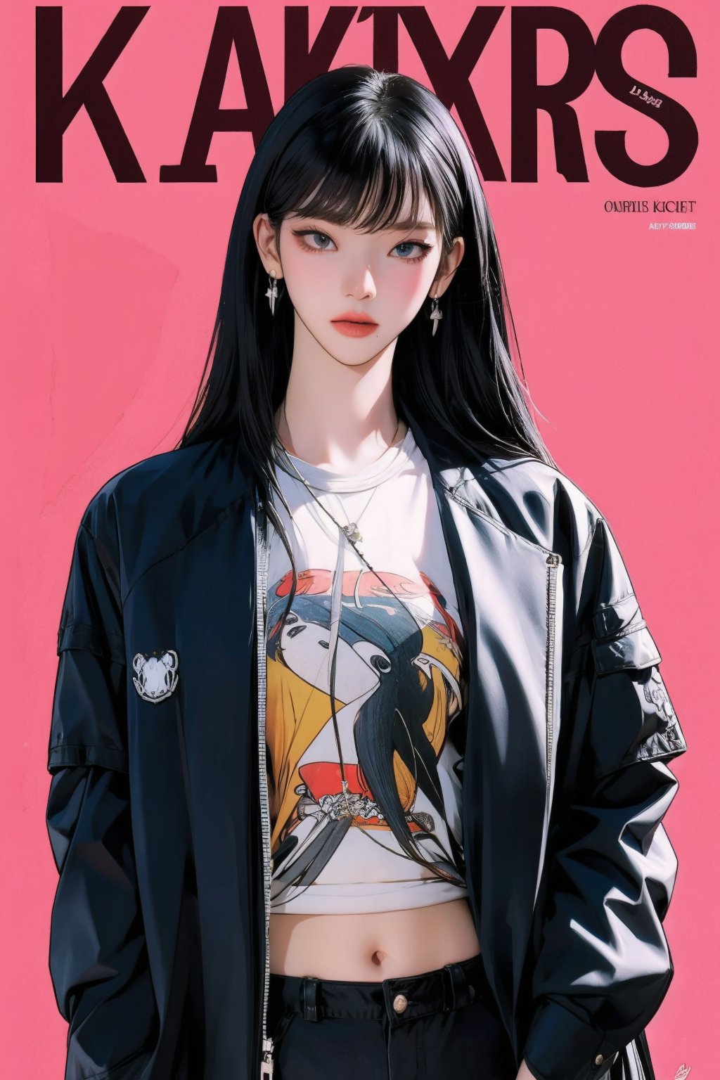 1girl, hair bangs, hip up body, printed shirt, jacket, shorts, kpop idol oufit, styled clothes, earrings, looking at viewer, dynamic pose, magazine cover, 2D manga artstyle, aespakarina,