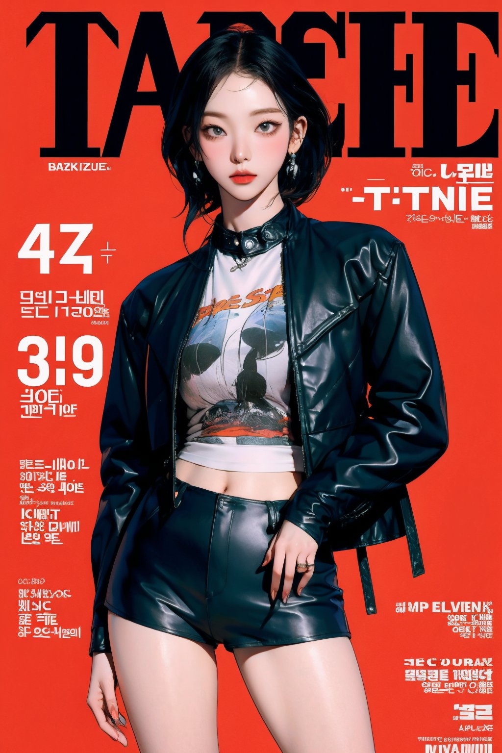 1girl, thigh up body, printed shirt, leather jacket, earrings, looking at viewer, magazine cover, aespakarina,