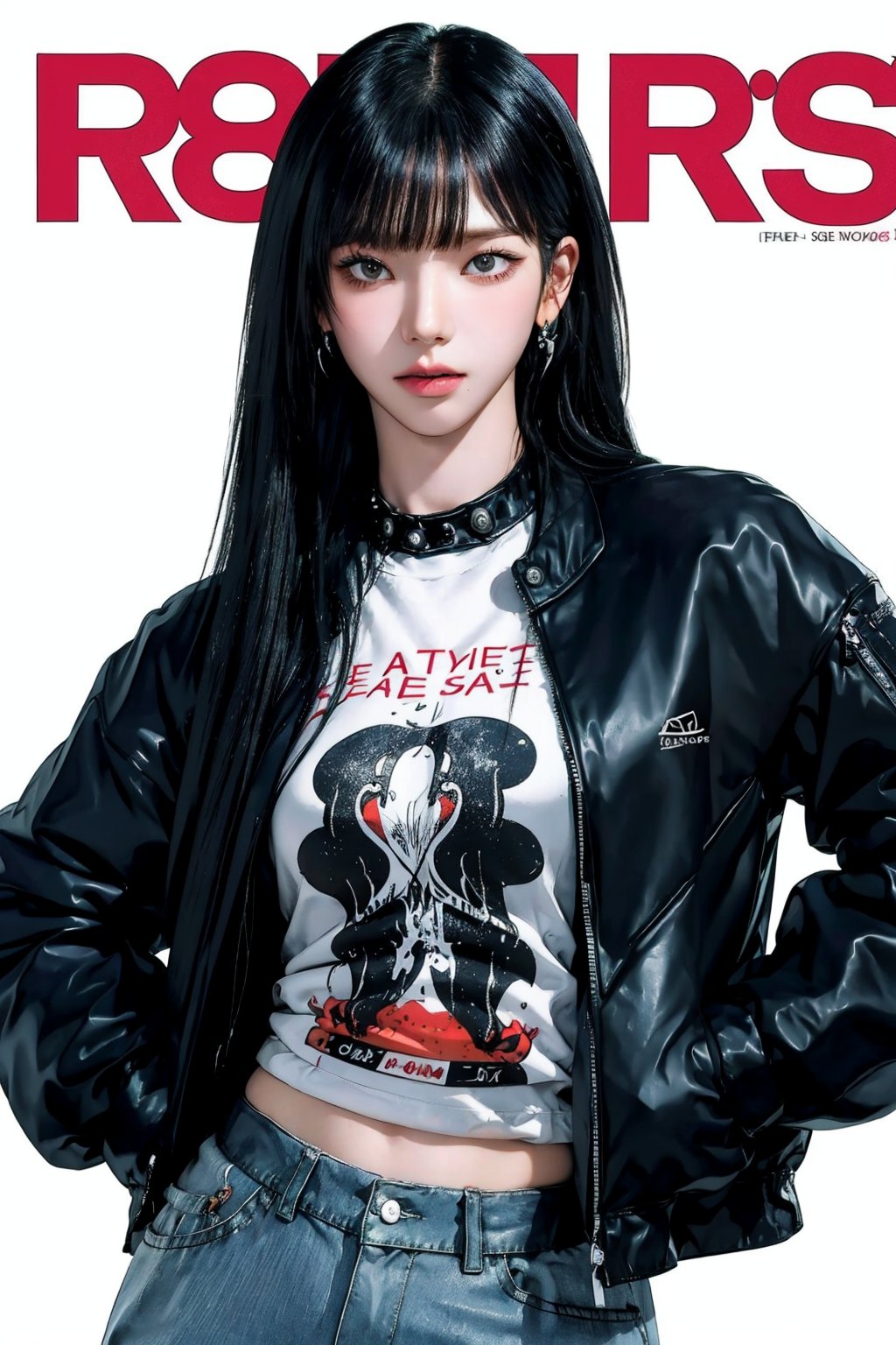 1girl, straight hair bangs, hip up body, printed shirt, jacket, kpop idol oufit, styled clothes, earrings, looking at viewer, dynamic pose, magazine cover, 2D manga artstyle, aespakarina,