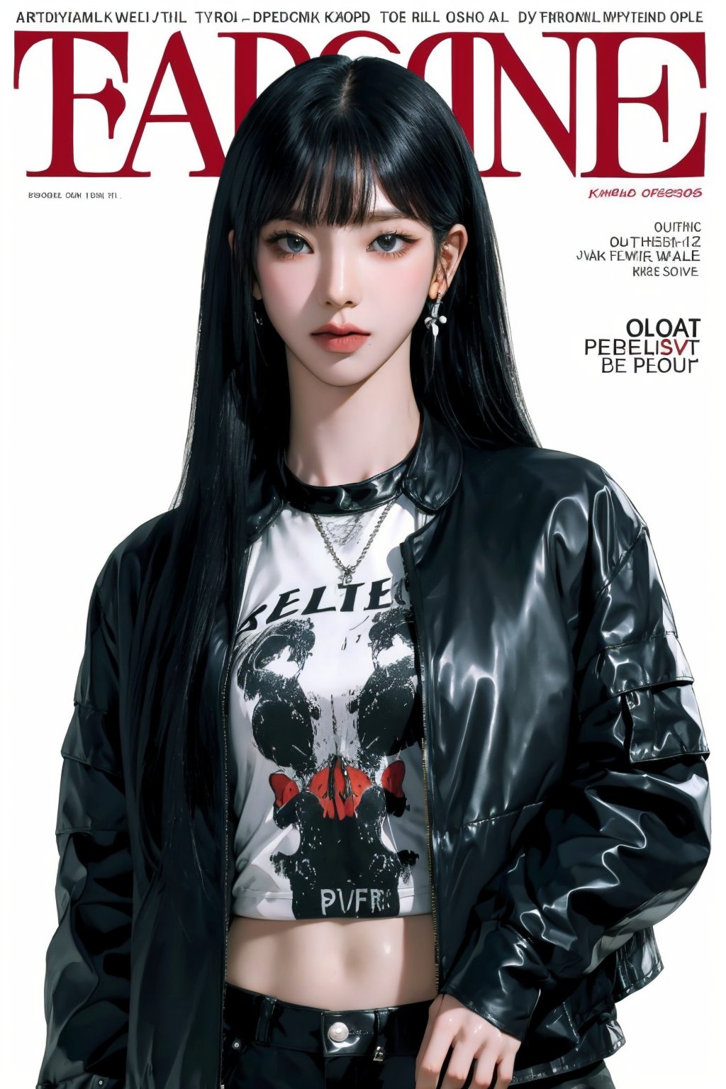 1girl, hair bangs, hip up body, printed shirt, jacket, shorts, kpop idol oufit, styled clothes, earrings, looking at viewer, dynamic pose, magazine cover, 2D manga artstyle, aespakarina,