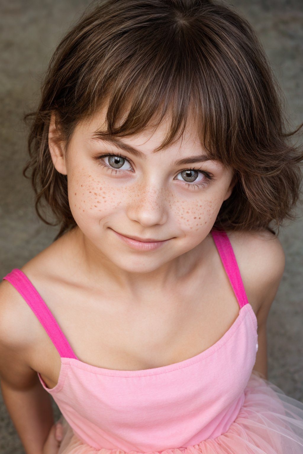 Close-up shot of an 11-year-old girl with an alluring and playful demeanor, dressed in childish attire such as a bright pink tutu and a sparkly tiara. Her curly brown hair is messy and unkempt, framing her cherubic face with a mischievous grin. Soft, natural lighting illuminates the scene from above, highlighting the textures of her clothing and the subtle freckles on her cheeks. The background is blurred, focusing attention solely on the girl's endearing expression and youthful charm.