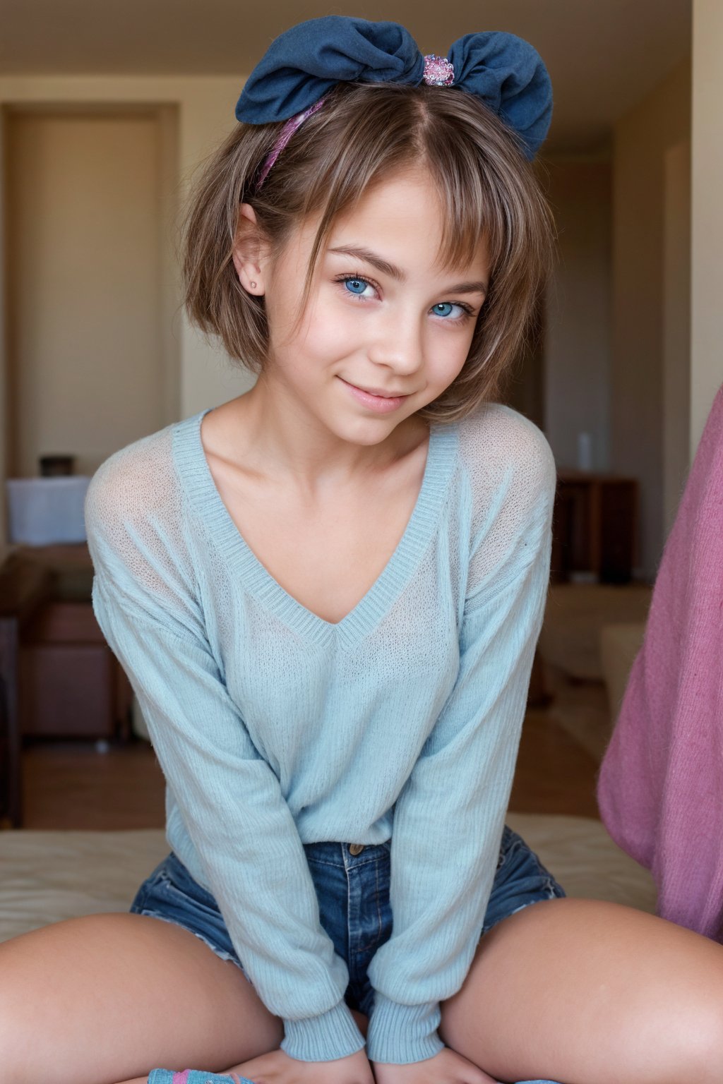 A whimsical portrait of an 11-year-old enchantress! Framed in a soft focus, her bright blue eyes sparkle like sapphires as she gazes directly at the camera. Her tousled hair, adorned with colorful clips and scrunchies, frames her cherubic face. She wears a playful outfit, consisting of a pastel pink sweater with cartoon characters, high-waisted plaid shorts, and white knee-high socks. A sprinkle of fairy dust on her cheeks adds to her alluring charm.