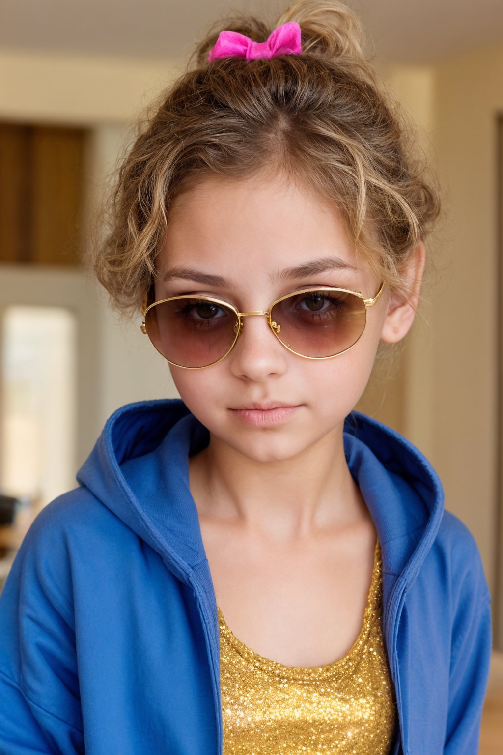 Close-up shot of an 11-year-old alluring tween girl, dressed in her favorite childhood attire - a sparkly tutu, oversized sunglasses, and a bright pink hoodie. Her curly hair is tied up in pigtails, and she's giving a playful pout to the camera. The background is blurred, with a warm yellow glow highlighting her youthful features.