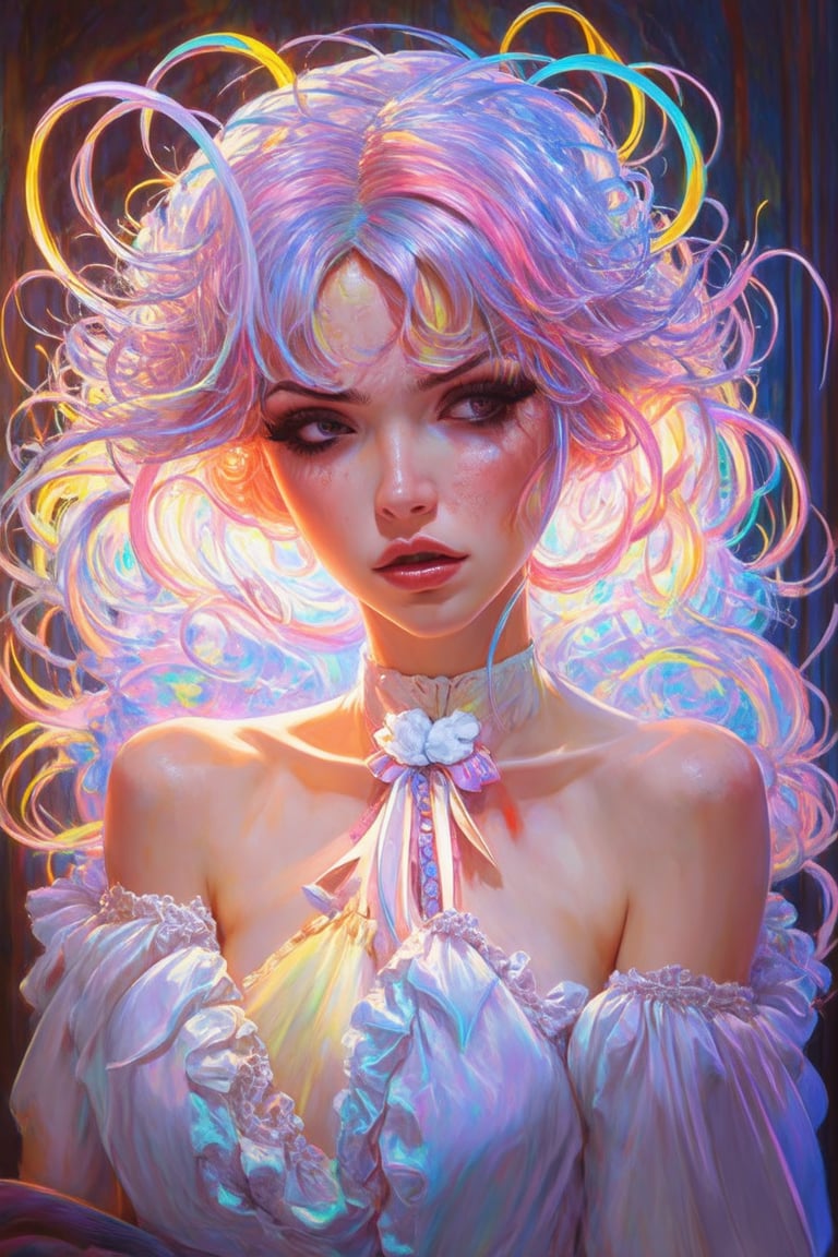 anime_artwork, rococo, grand photograph, Polaroid, annoyed girl, neon glowing hair, Canon 5D Mark 4, neon light, Kodak Ektar, flamboyant, pastel colors, curved lines, elaborate detail, rococo, art by J.C. Leyendecker