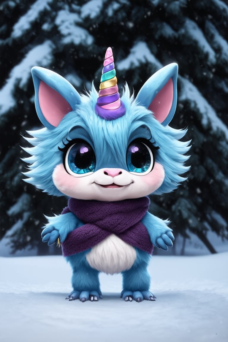 full body, an adorable and cute fluffy little monster with light blue fur, large glossy eyes, oversized pink and blue ears, a small unicorn horn, and wearing a cozy dark purple scarf, stands in a gentle snowfall, against a blurred winter landscape, distant snow-laden trees under a soft diffused light, , 