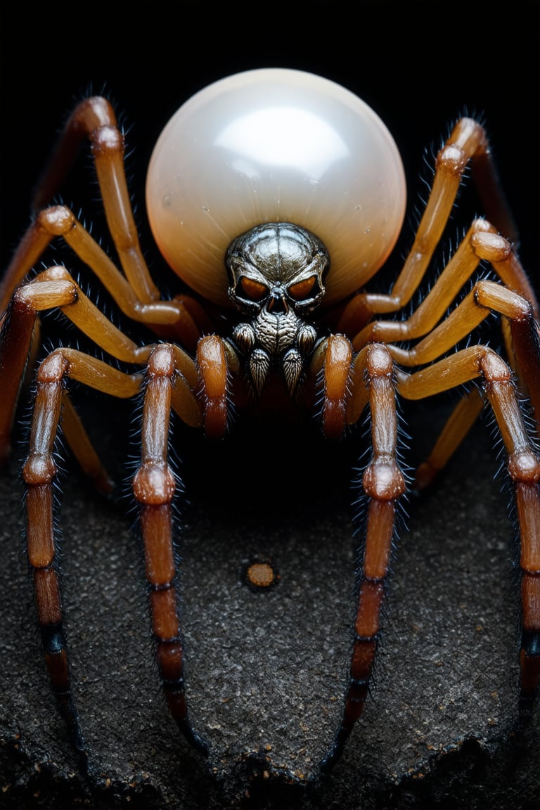 spider with ten legs, extremely long legs, abdomen made of a giant pearl, dark atmosphere, macabre style, gothic, grim, haunting, highly detailed, (infernal but beautiful:1.4),