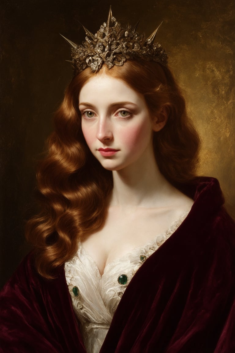 portrait of a regal woman with long, wavy auburn hair draped over her shoulders. She has a fair complexion with striking green eyes and full lips painted a deep burgundy. Her expression is serene, with a touch of melancholy. She is dressed in a luxurious velvet robe in a rich burgundy shade that complements her hair. Adorning her head is an ornate halo-like headpiece, radiating spikes embellished with intricate filigree patterns and embedded with an array of gemstones that catch the light. The background should be a textured, old gold leaf wall that adds an antique charm to the composition, making the subject appear as if she is a part of a Renaissance painting, photo, raw,realistic