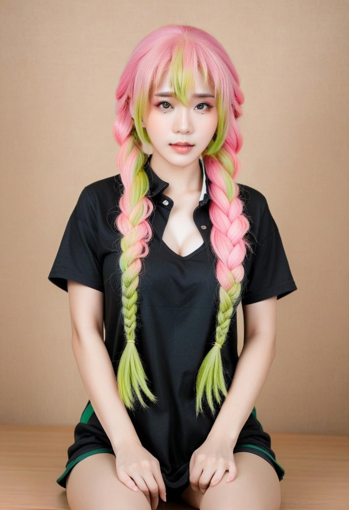 woman, asian, mitsurikanroji, pink hair, multicolored hair, braid, green hair, black t-shirt